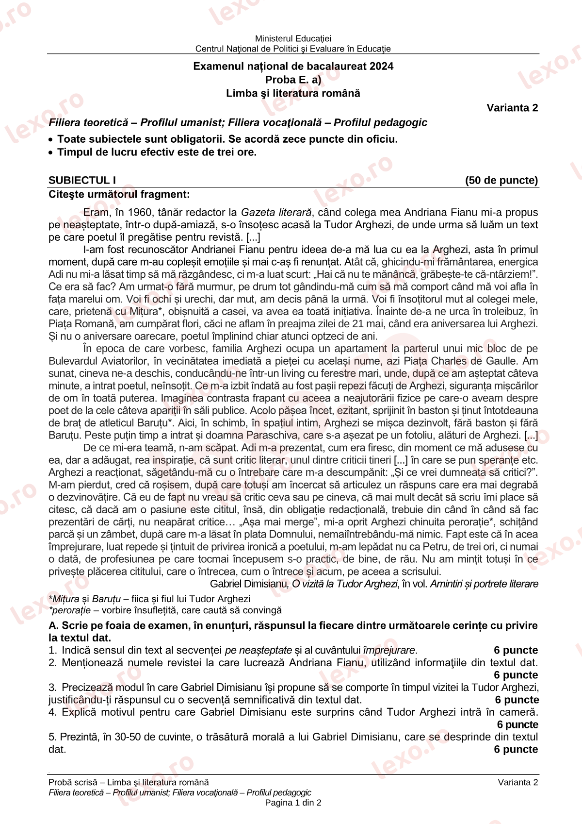 Subiecte Bacalaureat 2024 – Limba și literatura română — profil uman / pedagogic – sesiunea iunie–iulie (subiect + barem)