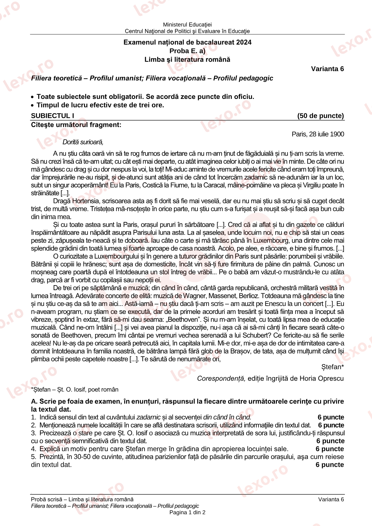 Subiecte Bacalaureat 2024 – Limba și literatura română — profil uman / pedagogic – sesiunea iunie–iulie, rezervă (subiect + barem)