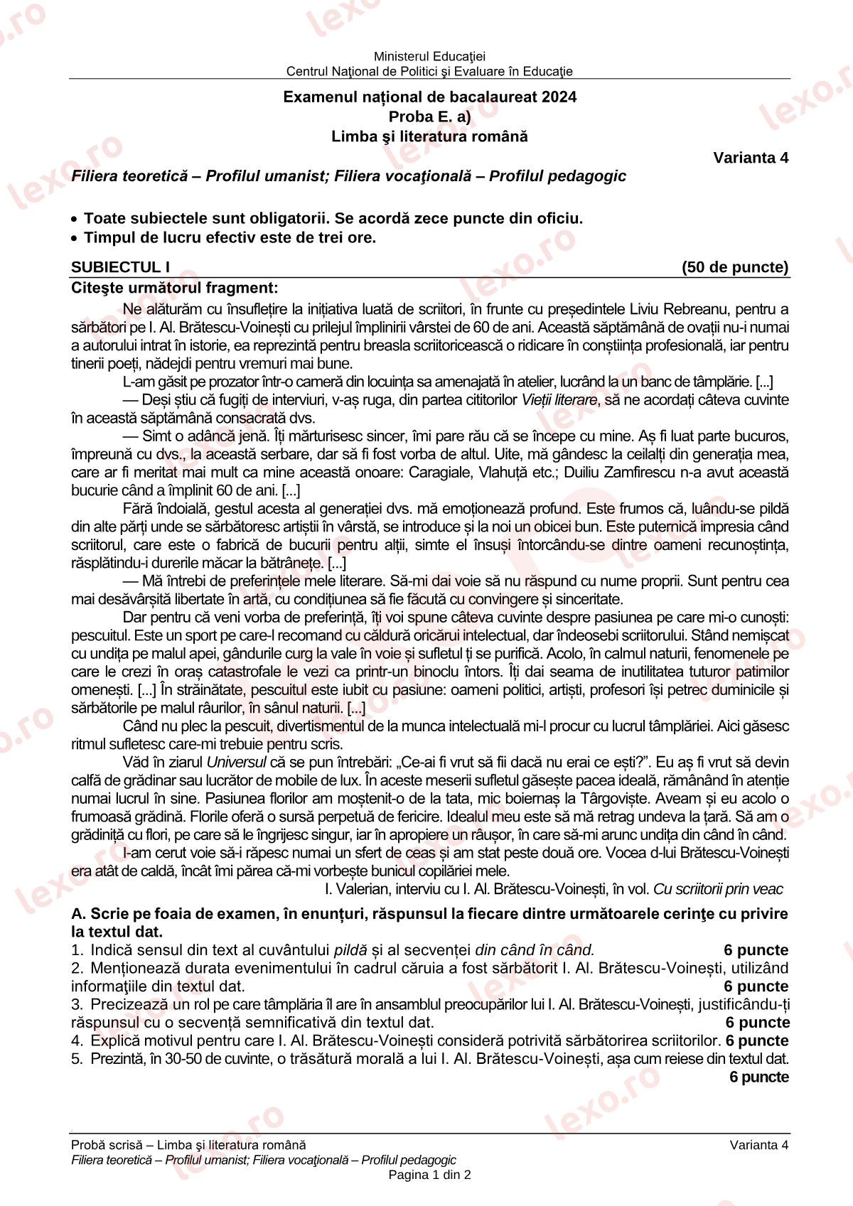 Subiecte Bacalaureat 2024 – Limba și literatura română — profil uman / pedagogic – sesiunea august–septembrie (subiect + barem)