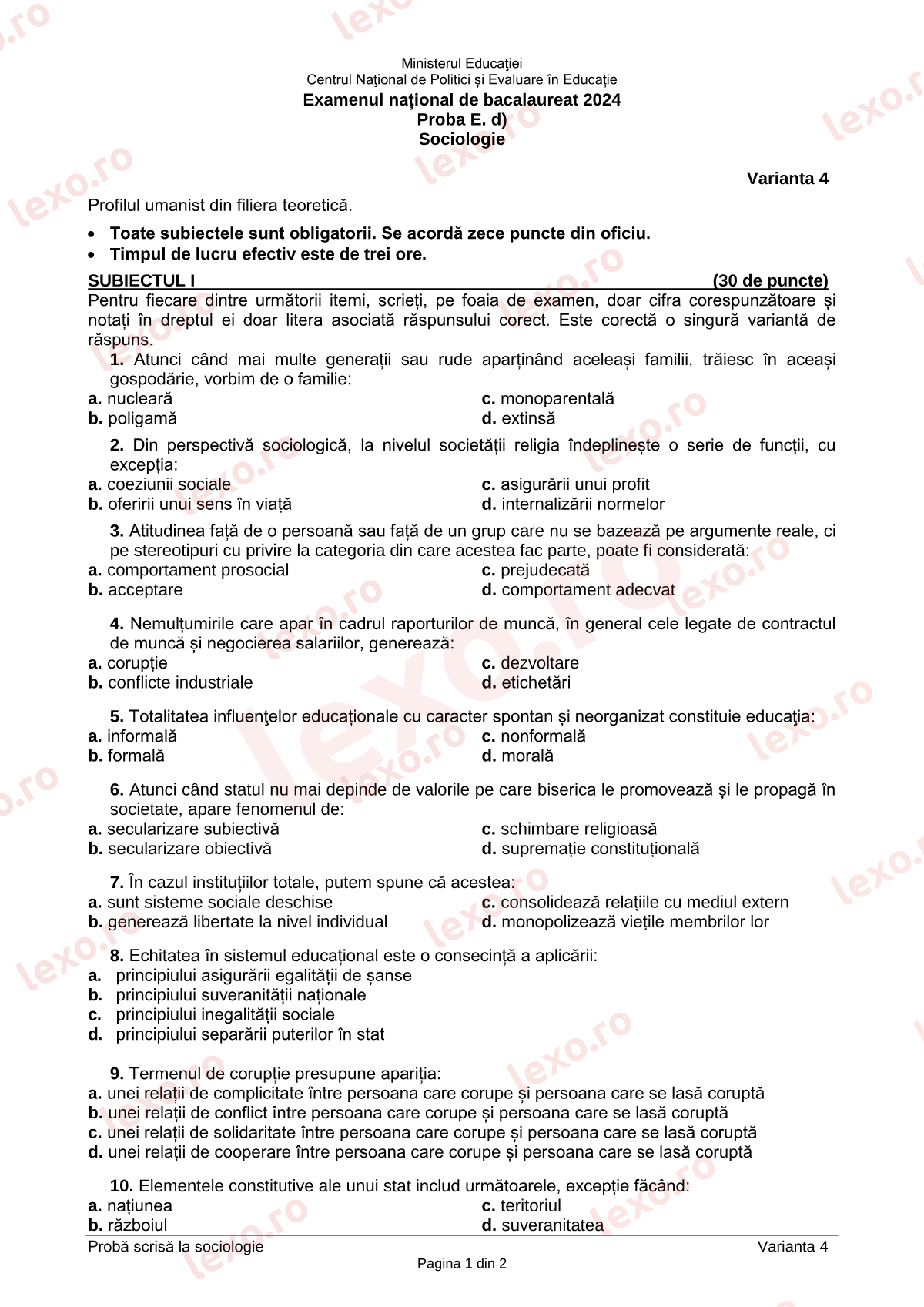 Subiecte Bacalaureat 2024 – Sociologie – sesiunea specială (subiect + barem)