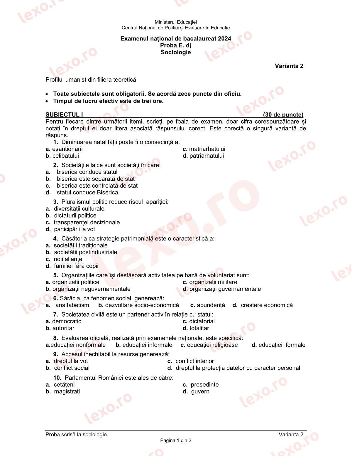 Subiecte Bacalaureat 2024 – Sociologie – sesiunea iunie–iulie, rezervă (subiect + barem)