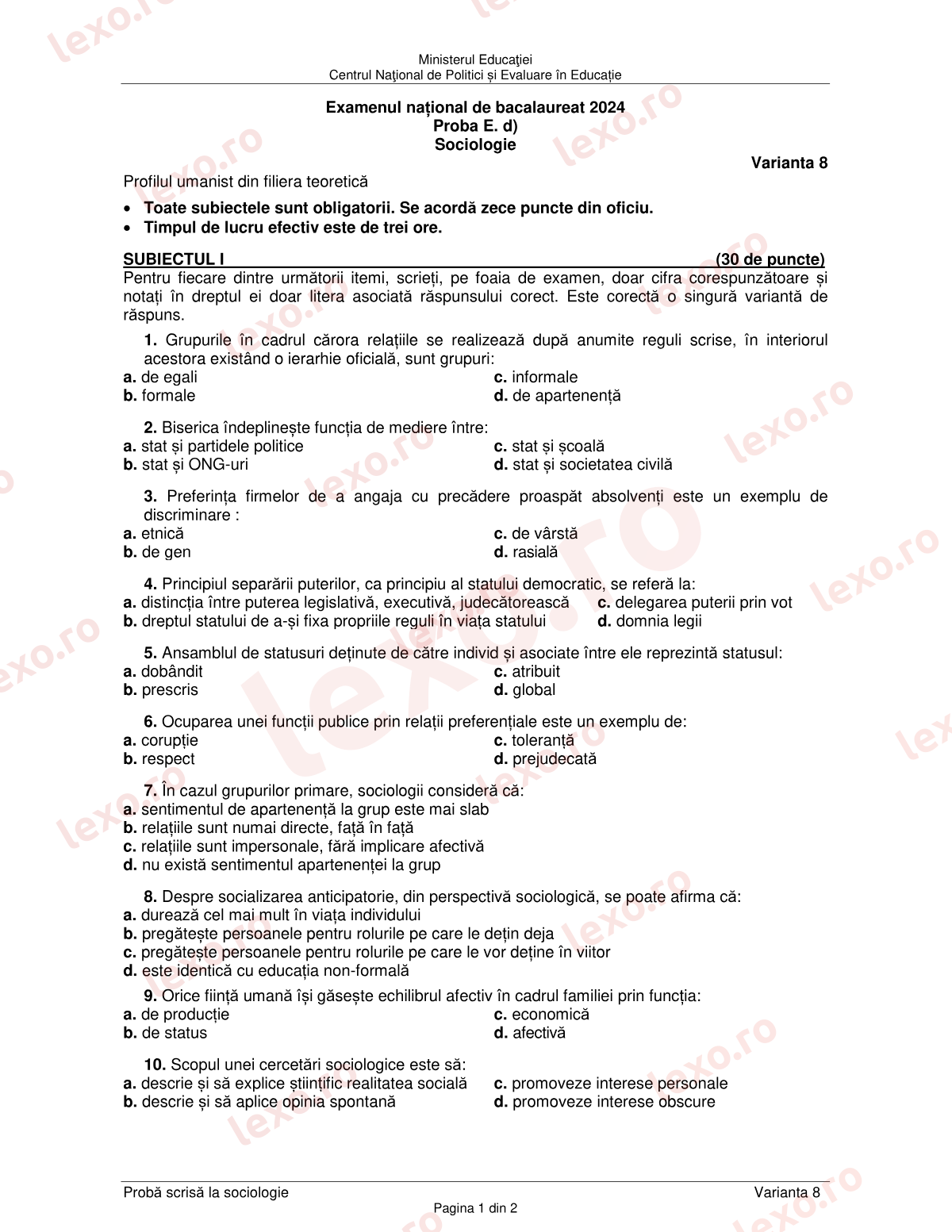 Subiecte Bacalaureat 2024 – Sociologie – sesiunea august–septembrie (subiect + barem)