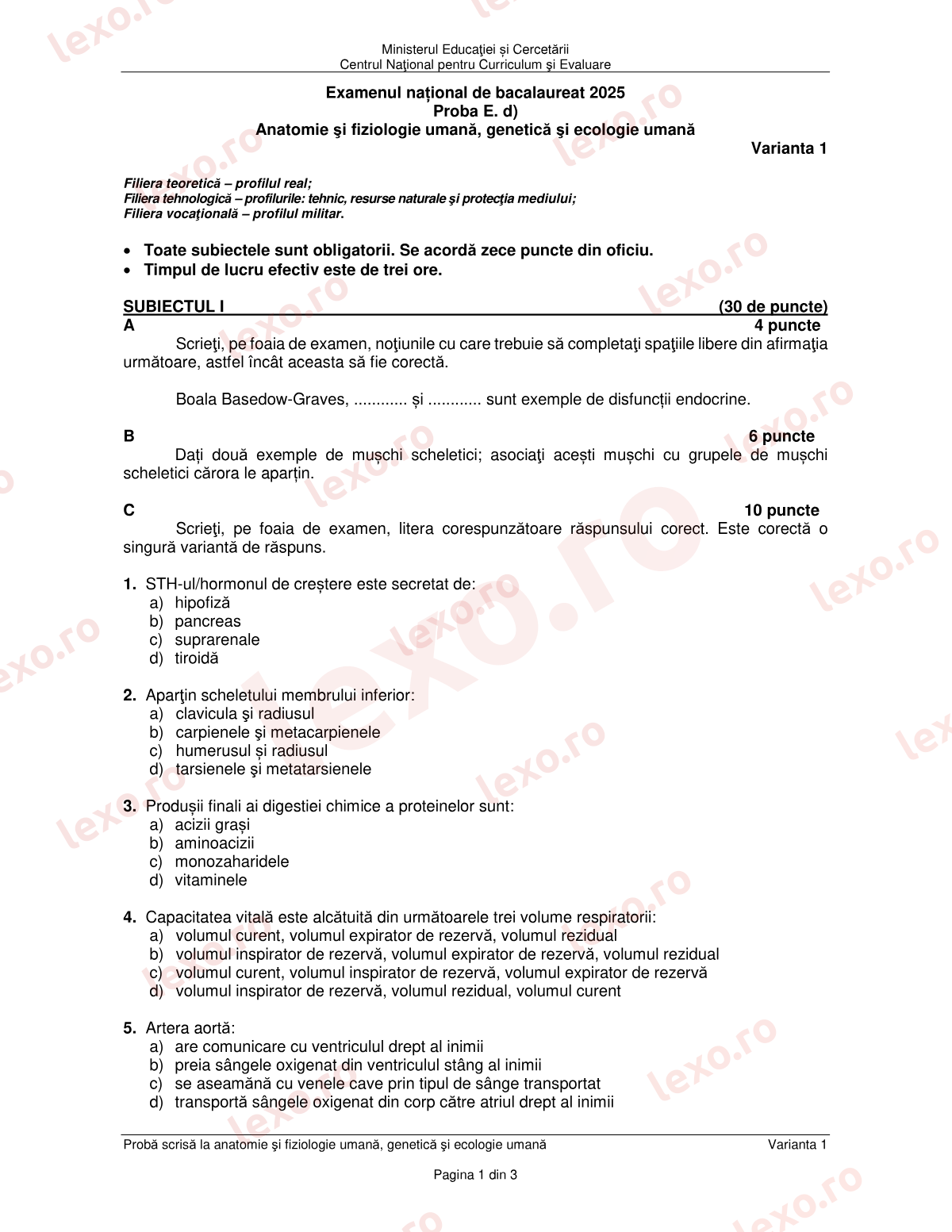 Subiecte Bacalaureat 2025 – Anatomie și fiziologie umană, genetică și ecologie umană – sesiunea iunie–iulie (subiect + barem)