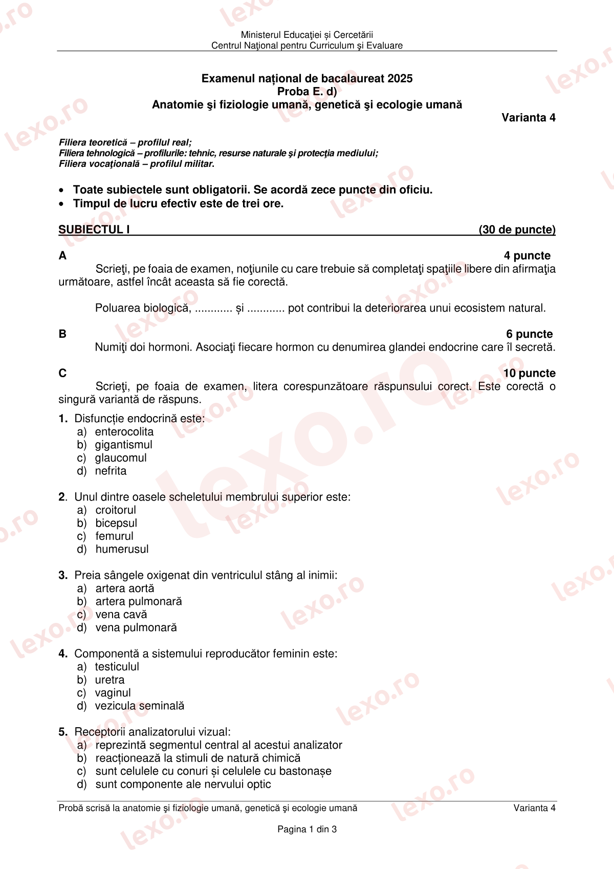 Subiecte Bacalaureat 2025 – Anatomie și fiziologie umană, genetică și ecologie umană – sesiunea august–septembrie (subiect + barem)