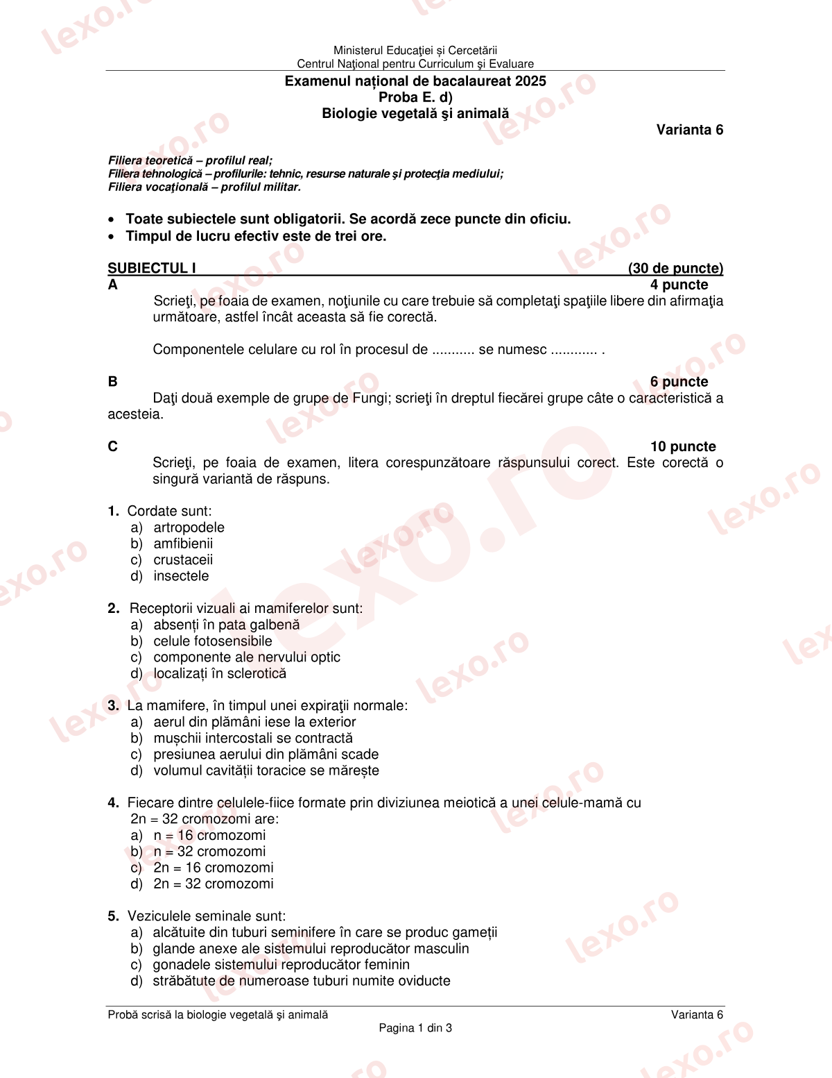 Subiecte Bacalaureat 2025 – Biologie vegetală și animală – sesiunea specială (subiect + barem)