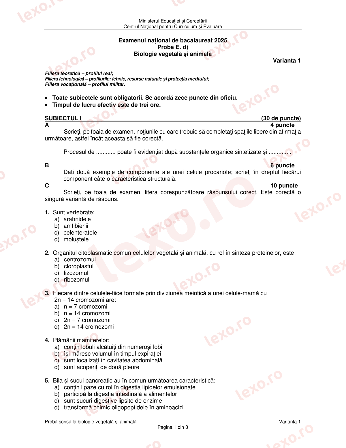 Subiecte Bacalaureat 2025 – Biologie vegetală și animală – sesiunea iunie–iulie (subiect + barem)