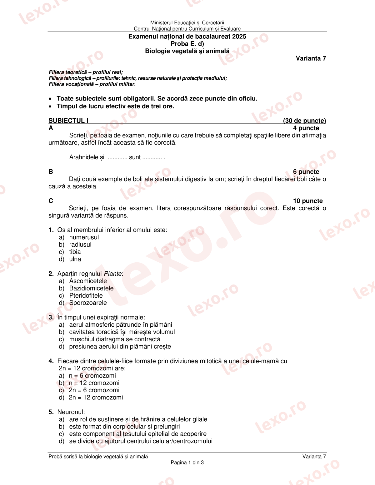 Subiecte Bacalaureat 2025 – Biologie vegetală și animală – sesiunea iunie–iulie, rezervă (subiect + barem)