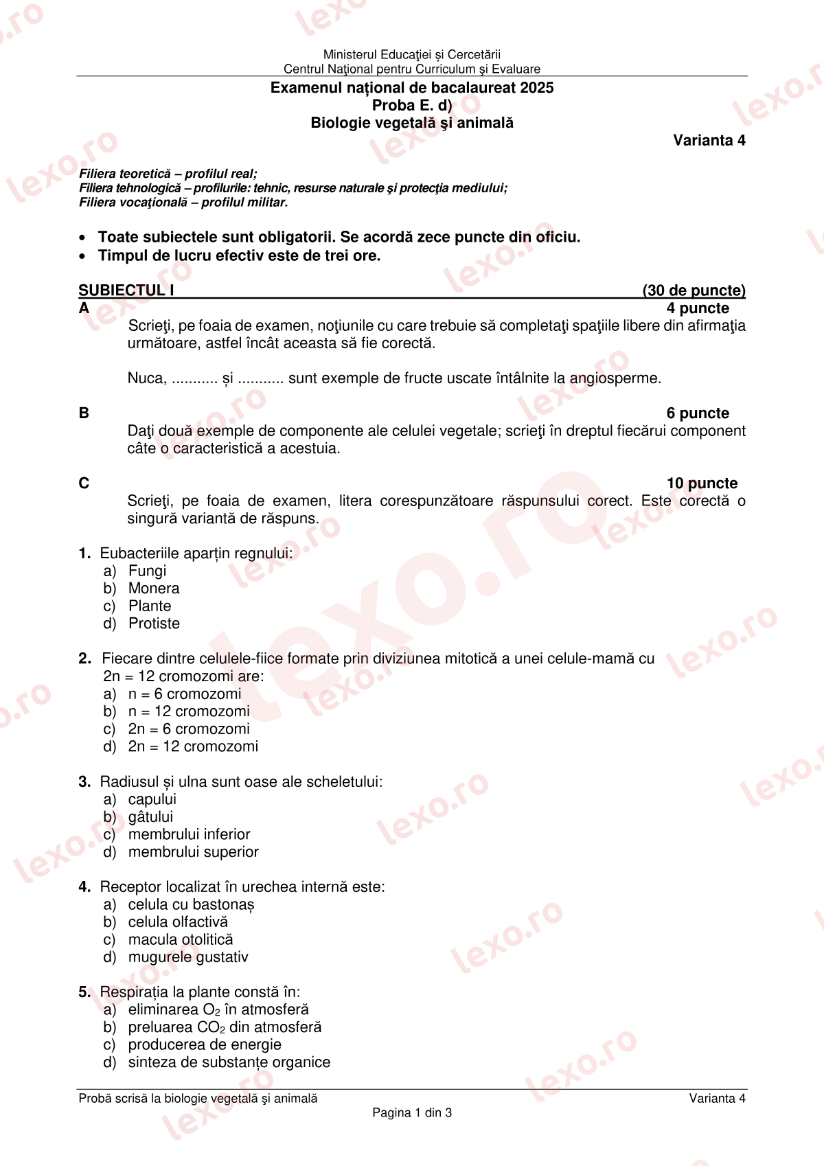 Subiecte Bacalaureat 2025 – Biologie vegetală și animală – sesiunea august–septembrie (subiect + barem)