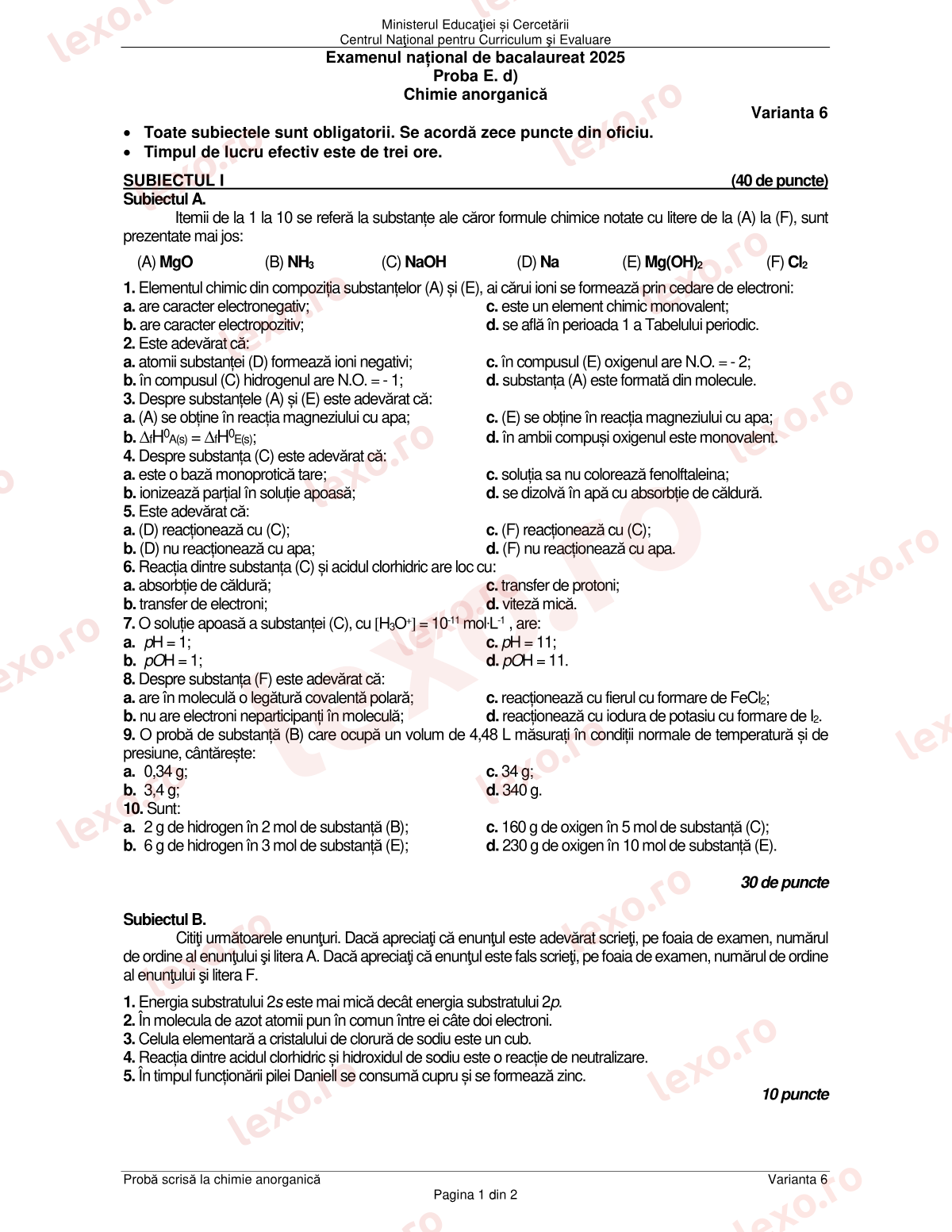 Subiecte Bacalaureat 2025 – Chimie anorganică – sesiunea specială (subiect + barem)