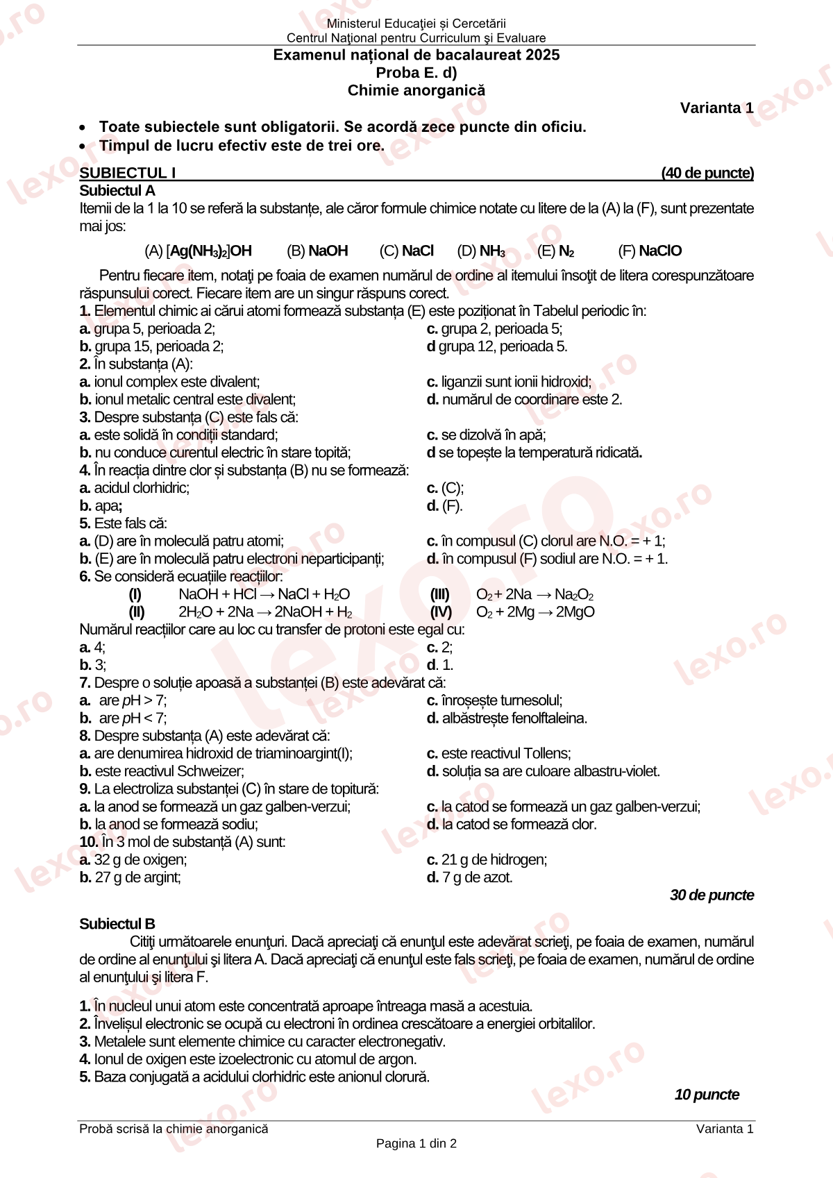 Subiecte Bacalaureat 2025 – Chimie anorganică – sesiunea iunie–iulie (subiect + barem)