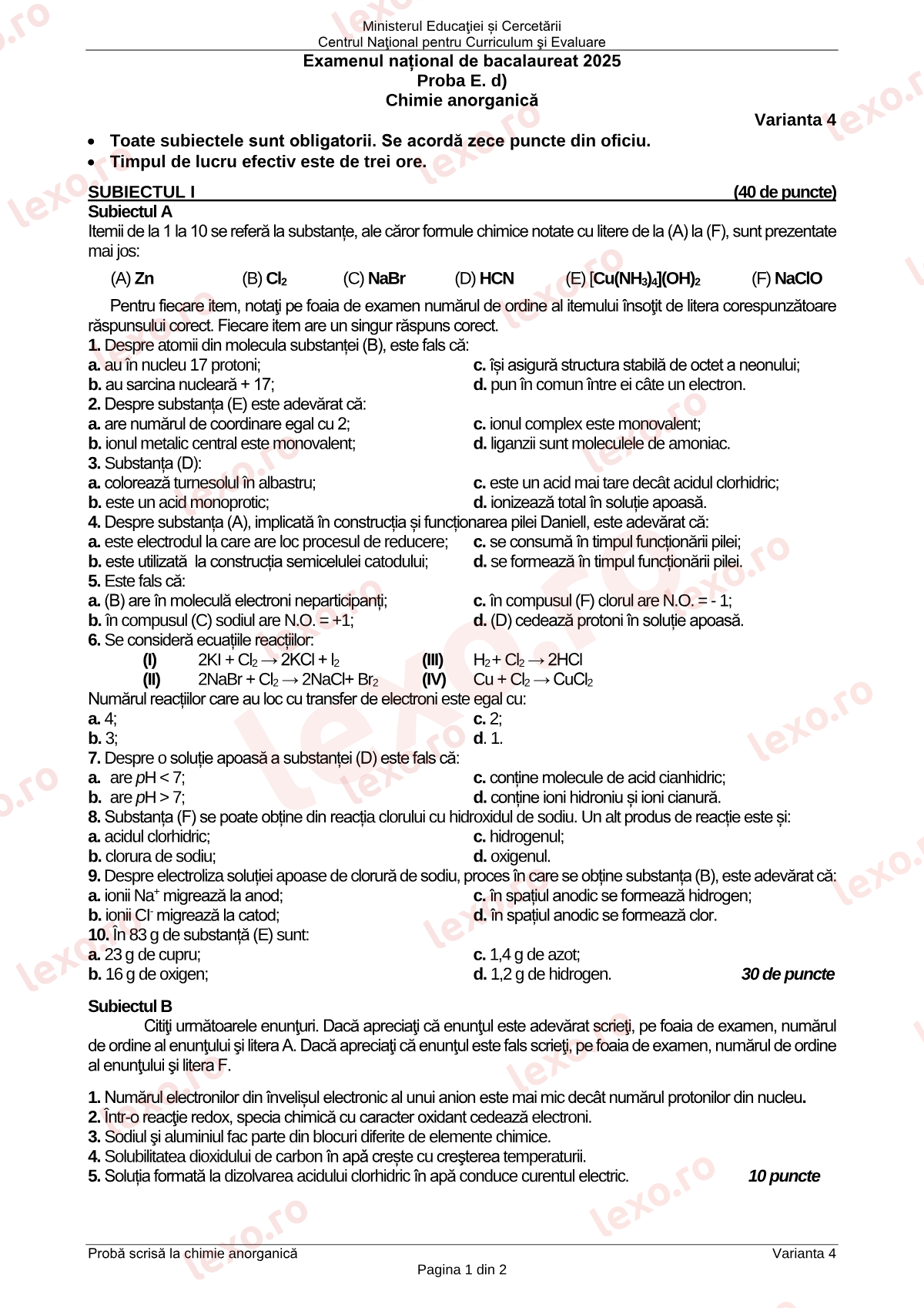 Subiecte Bacalaureat 2025 – Chimie anorganică – sesiunea august–septembrie (subiect + barem)
