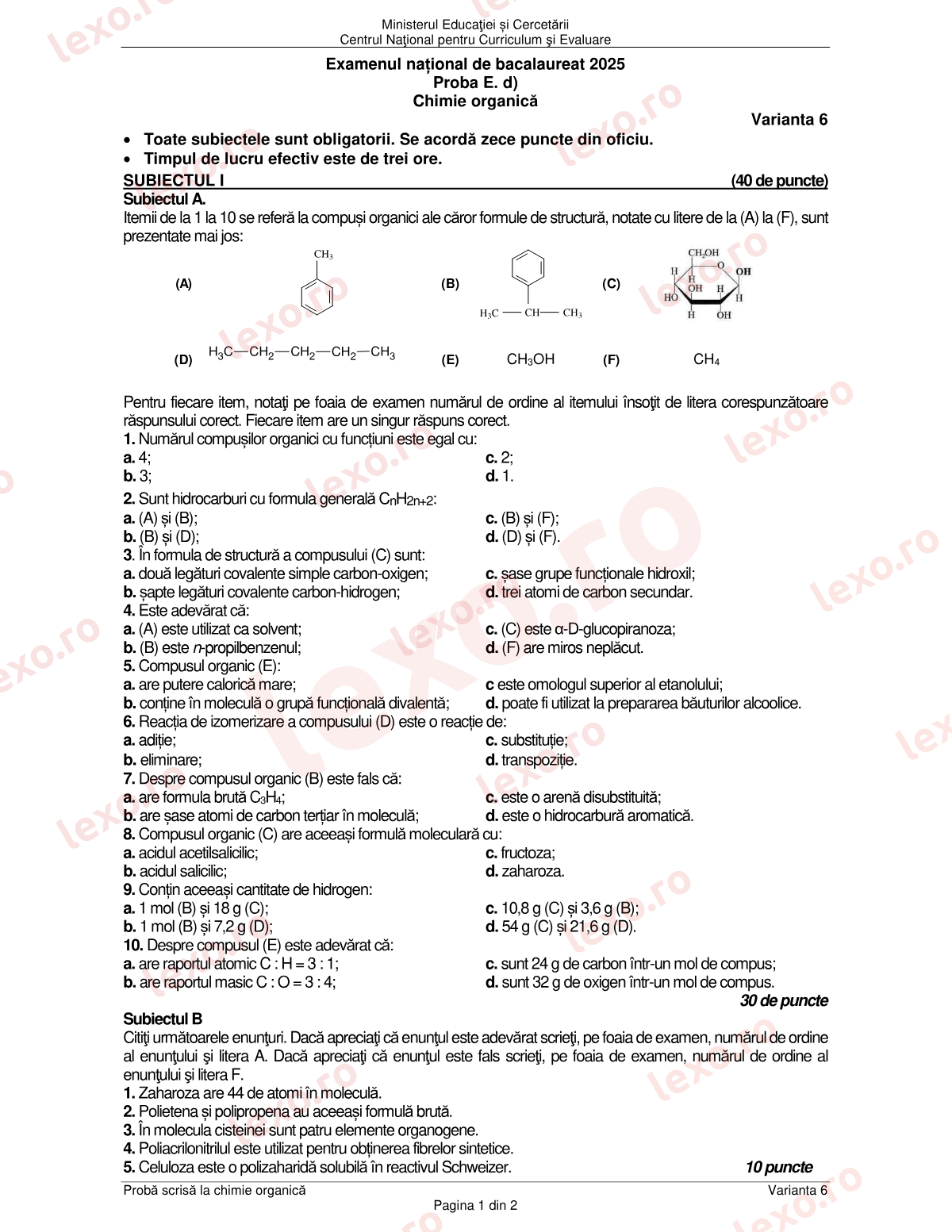Subiecte Bacalaureat 2025 – Chimie organică – sesiunea specială (subiect + barem)