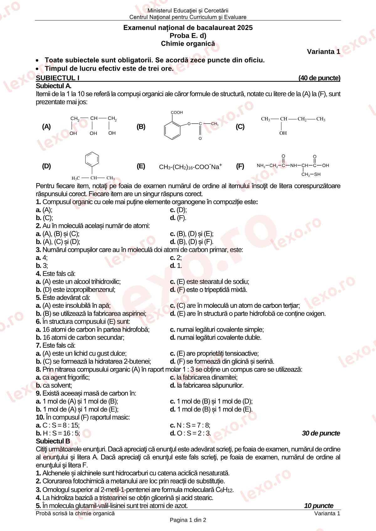 Subiecte Bacalaureat 2025 – Chimie organică – sesiunea iunie–iulie (subiect + barem)