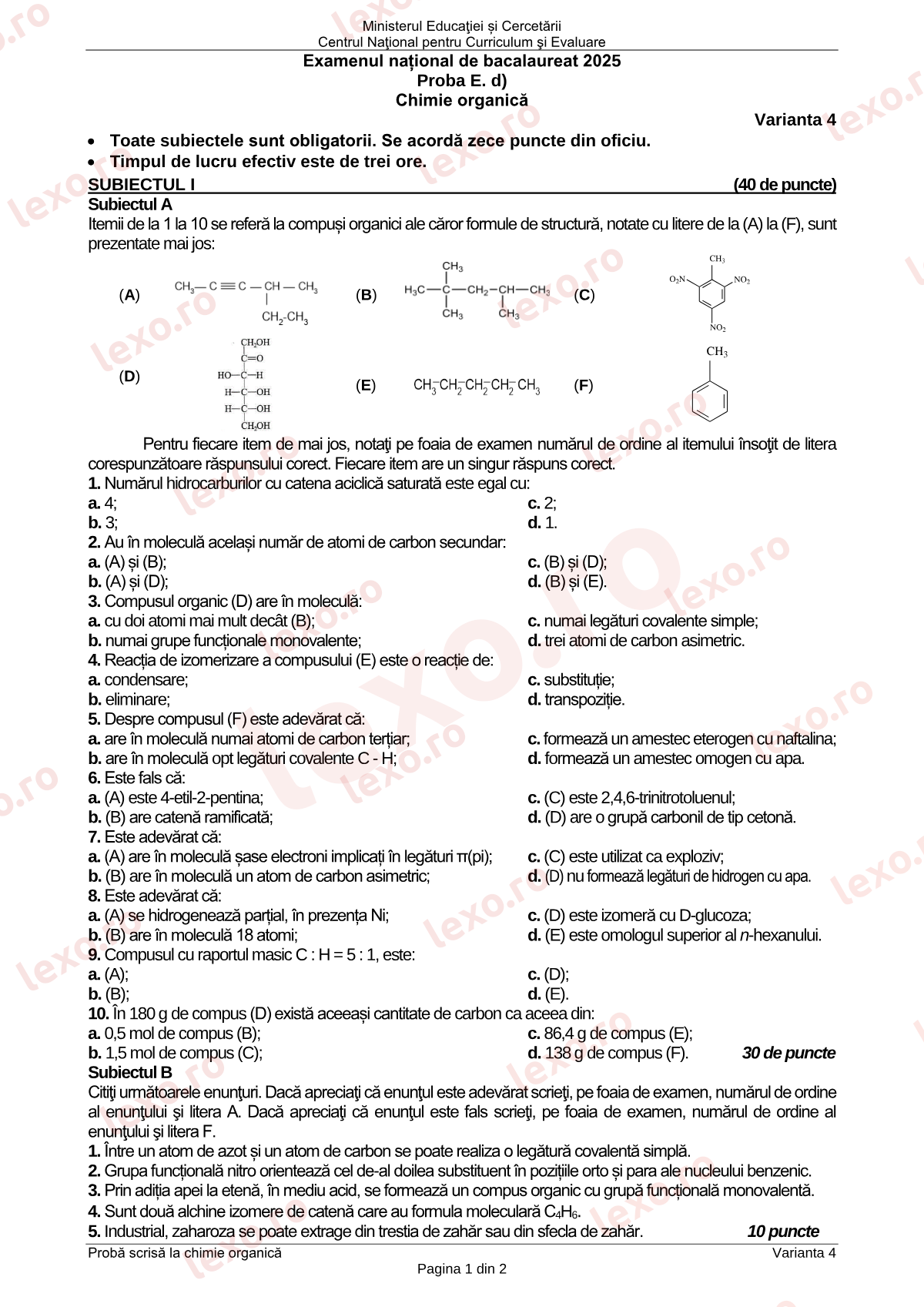Subiecte Bacalaureat 2025 – Chimie organică – sesiunea august–septembrie (subiect + barem)