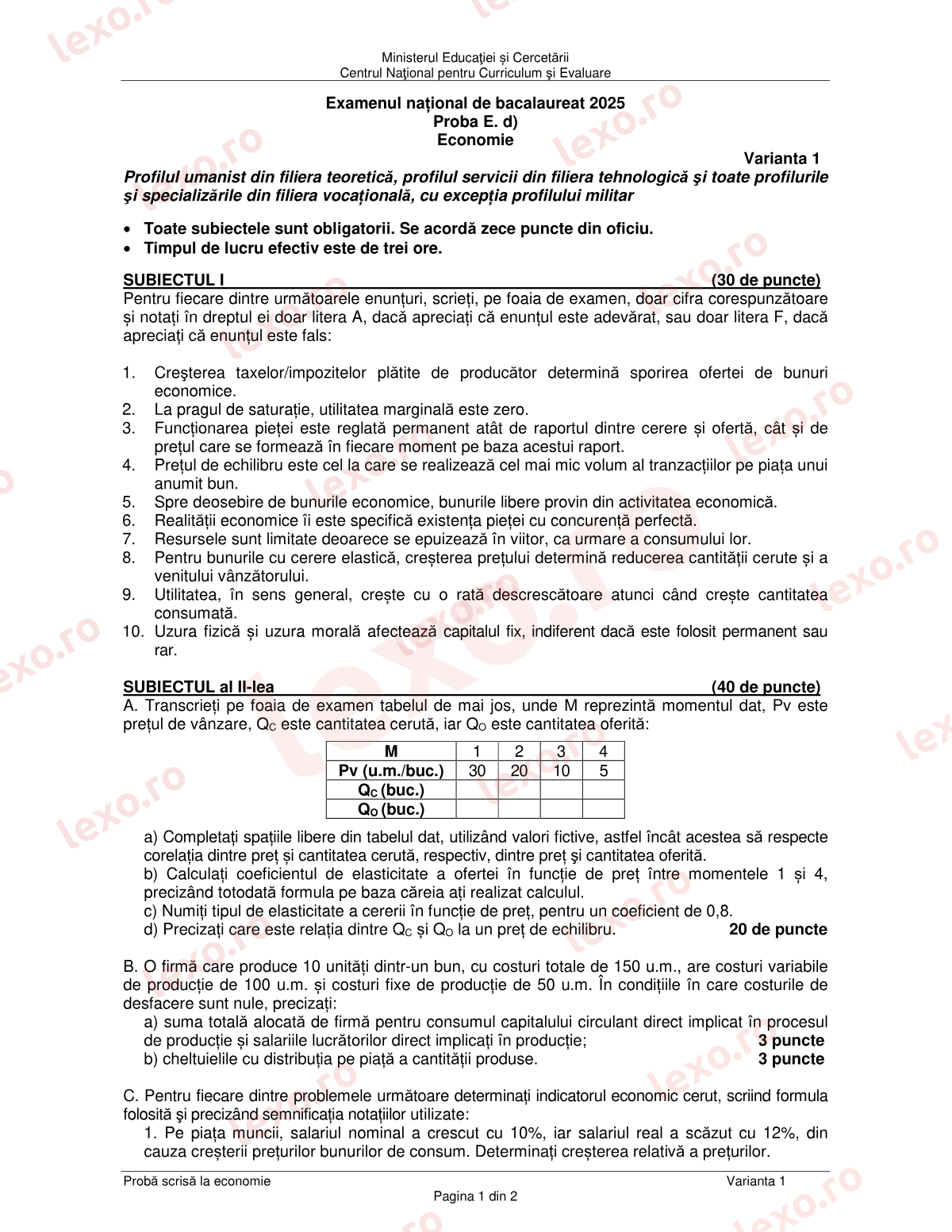 Subiecte Bacalaureat 2025 – Economie – sesiunea iunie–iulie (subiect + barem)