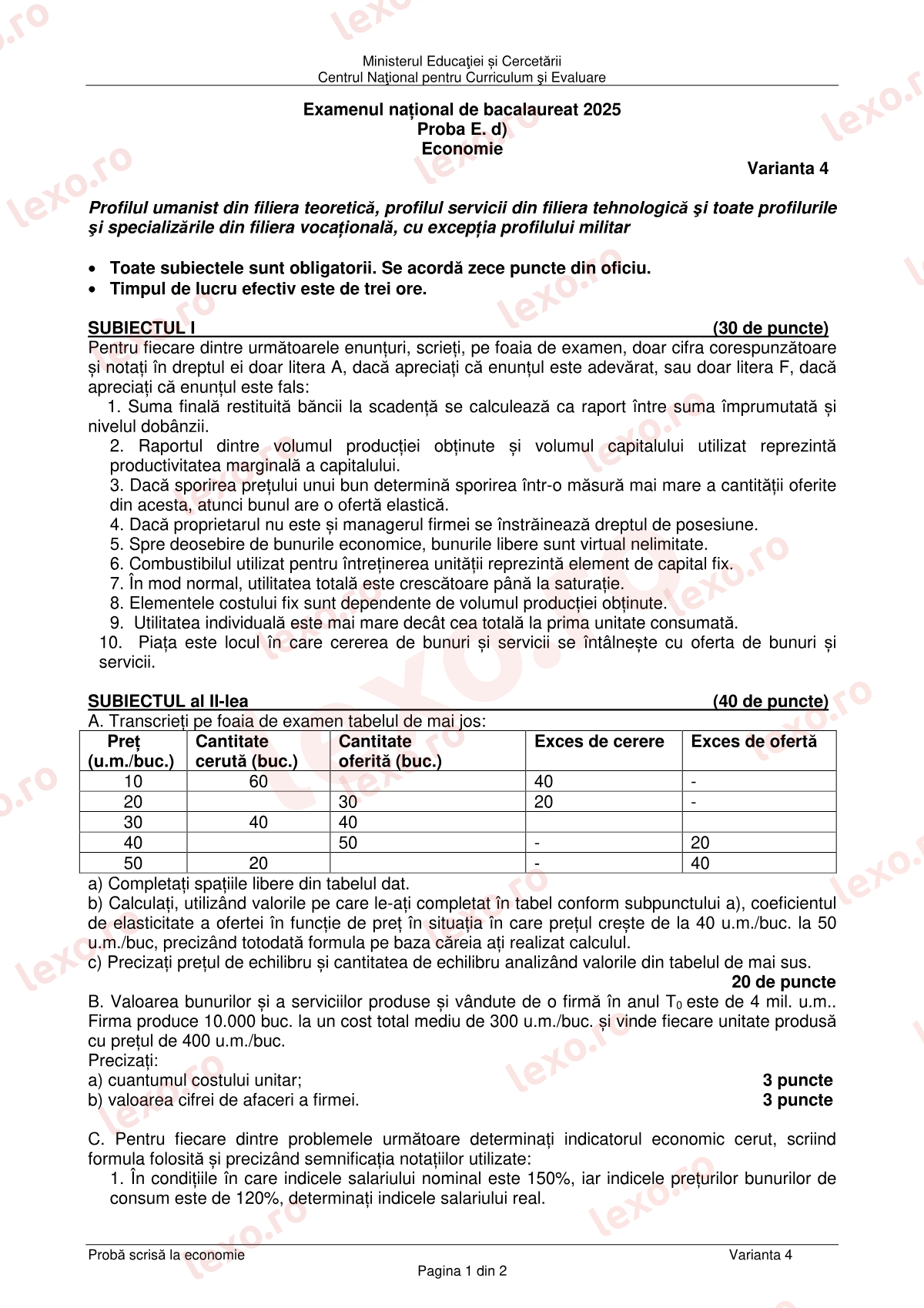 Subiecte Bacalaureat 2025 – Economie – sesiunea august–septembrie (subiect + barem)