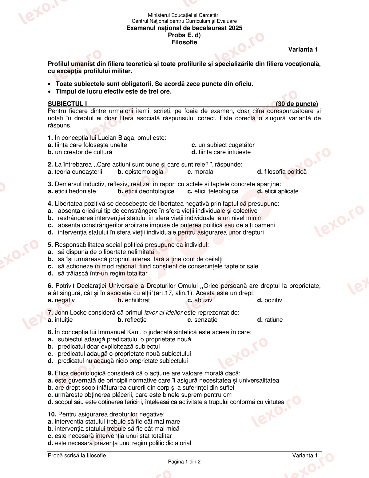 Subiecte Bacalaureat 2025 – Filosofie – sesiunea iunie–iulie (subiect + barem)