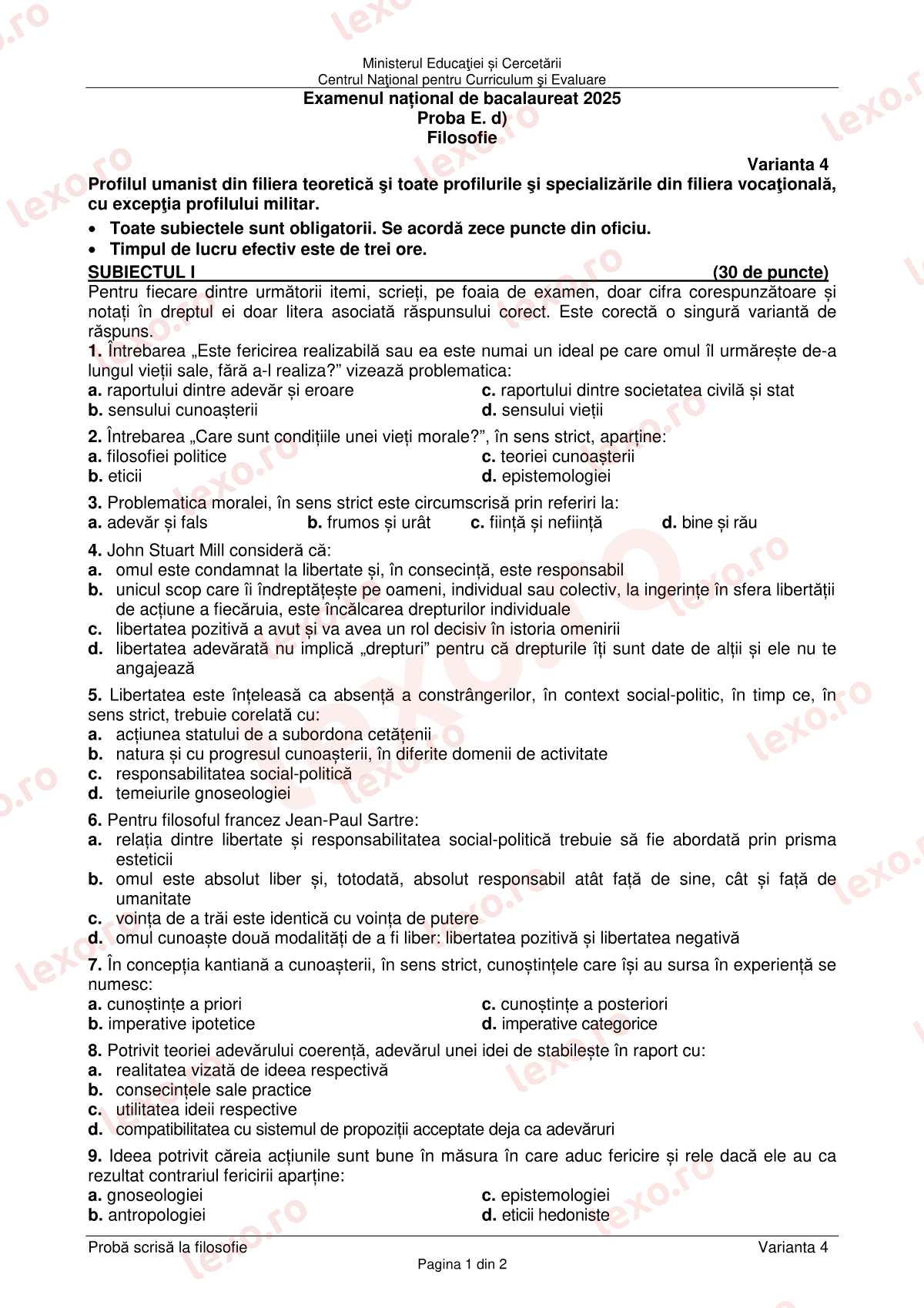 Subiecte Bacalaureat 2025 – Filosofie – sesiunea august–septembrie (subiect + barem)