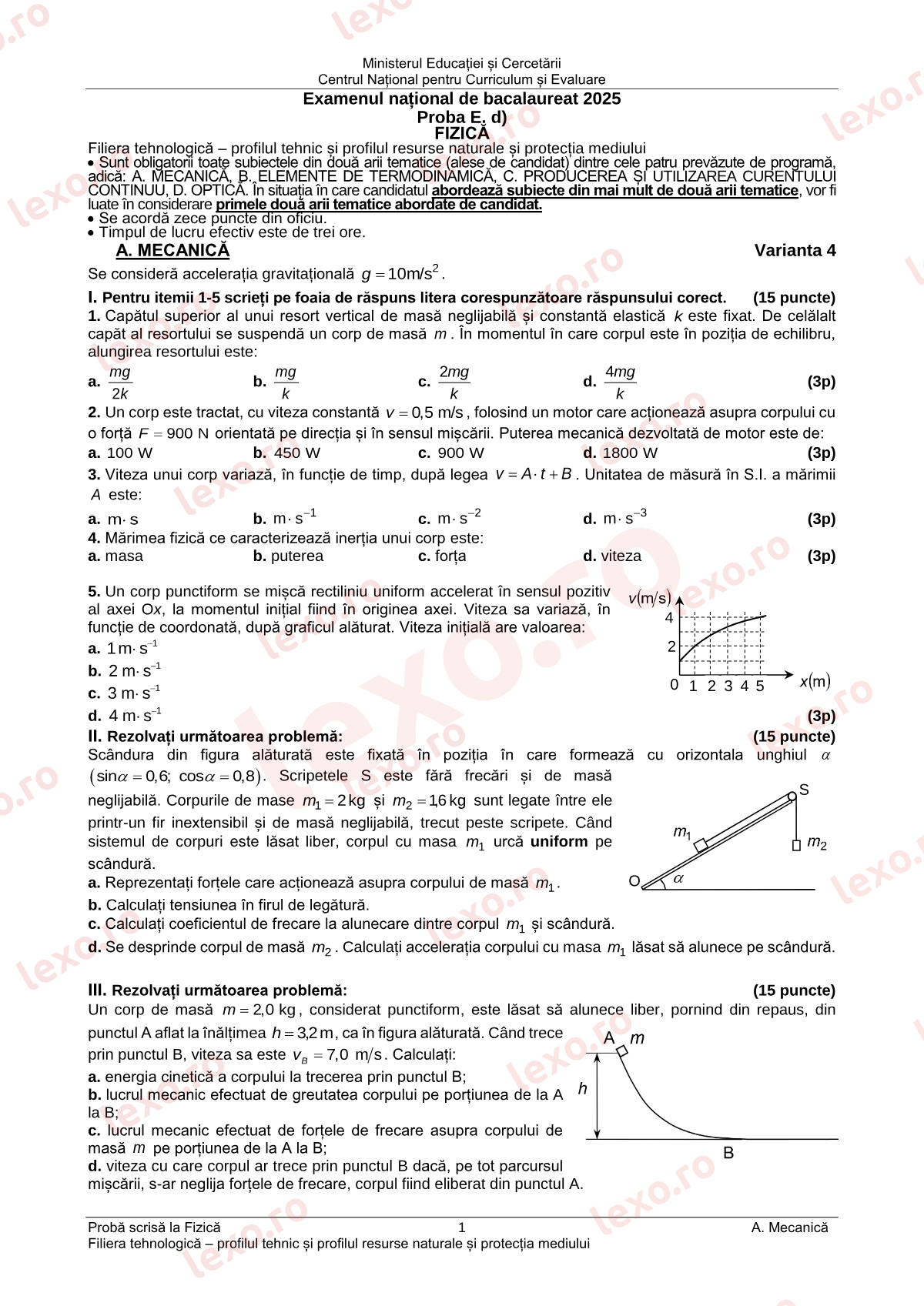 Subiecte Bacalaureat 2025 – Fizică — profil tehnologic – sesiunea august–septembrie (subiect + barem)