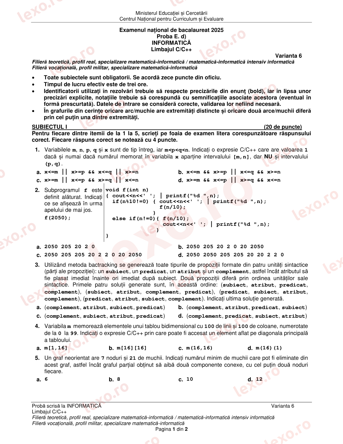Subiecte Bacalaureat 2025 – Informatică — specializarea matematică-informatică – sesiunea specială (subiect + barem)