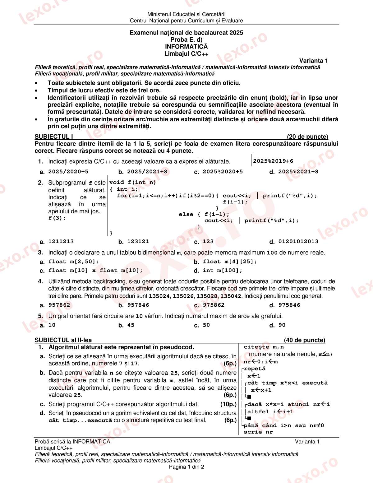 Subiecte Bacalaureat 2025 – Informatică — specializarea matematică-informatică – sesiunea iunie–iulie (subiect + barem)