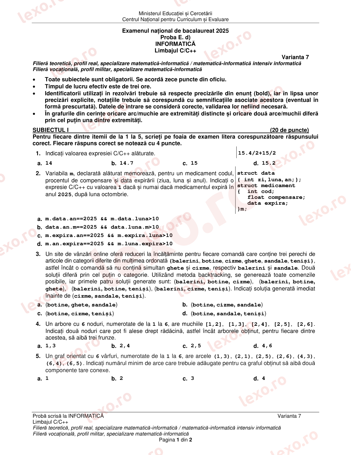 Subiecte Bacalaureat 2025 – Informatică — specializarea matematică-informatică – sesiunea iunie–iulie, rezervă (subiect + barem)