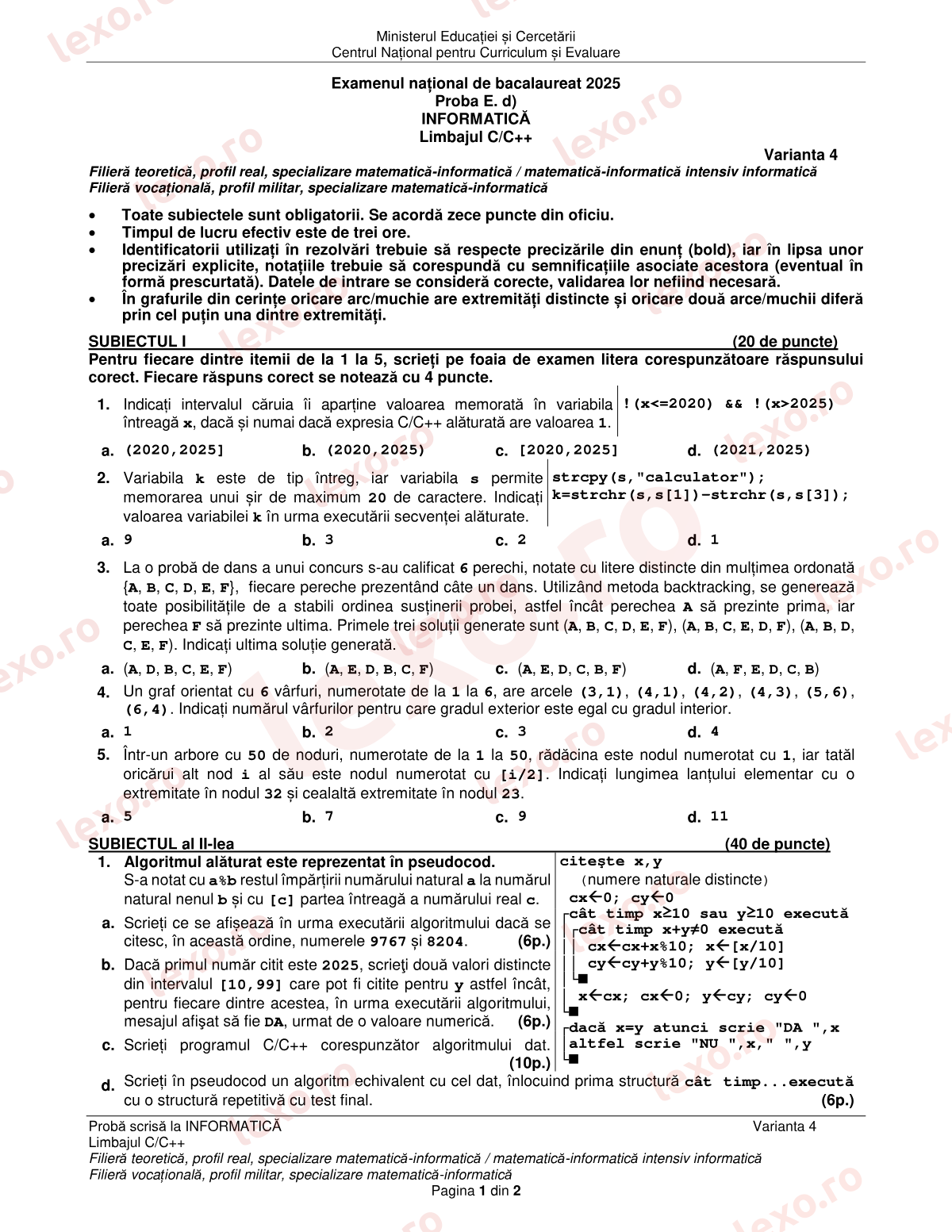 Subiecte Bacalaureat 2025 – Informatică — specializarea matematică-informatică – sesiunea august–septembrie (subiect + barem)
