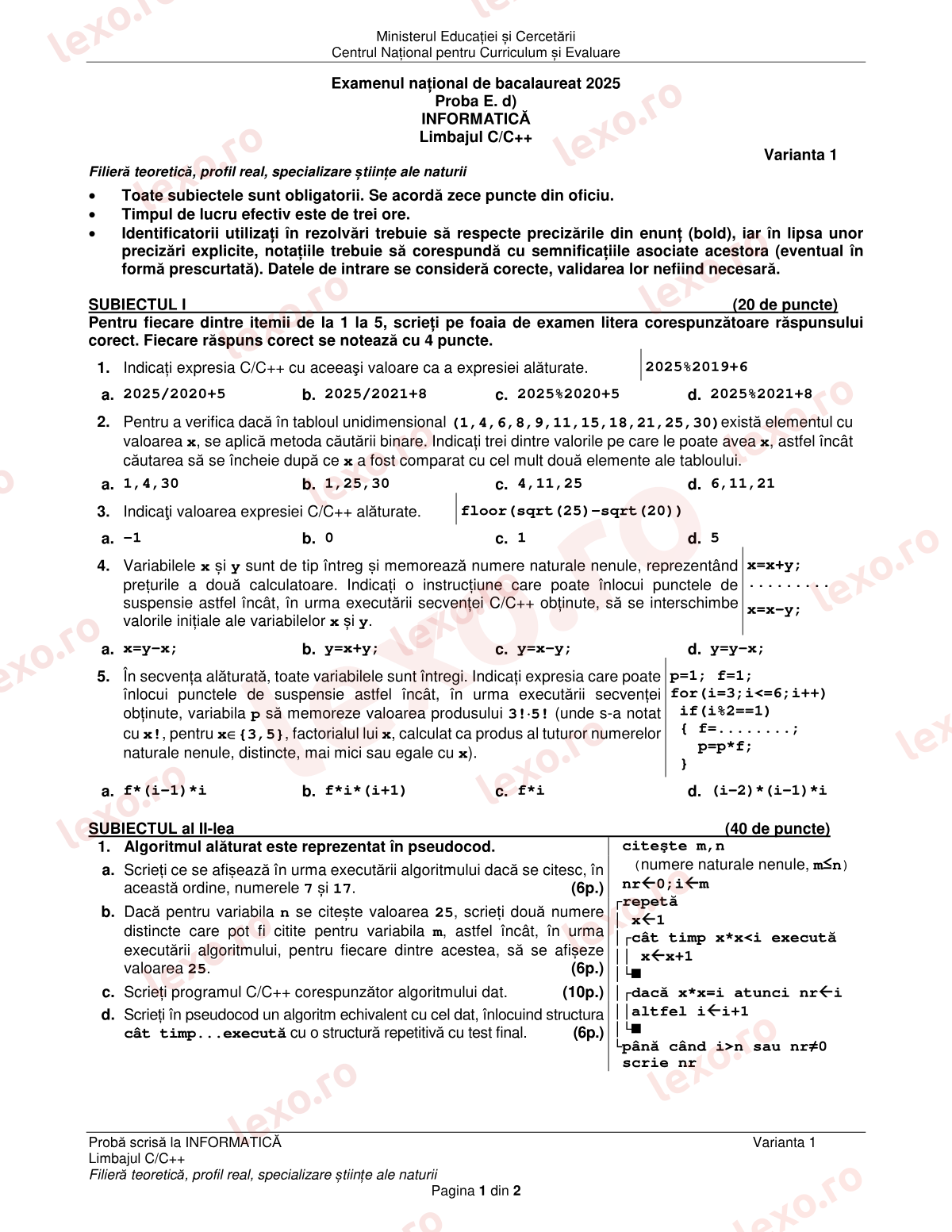 Subiecte Bacalaureat 2025 – Informatică — specializarea științe ale naturii – sesiunea iunie–iulie (subiect + barem)
