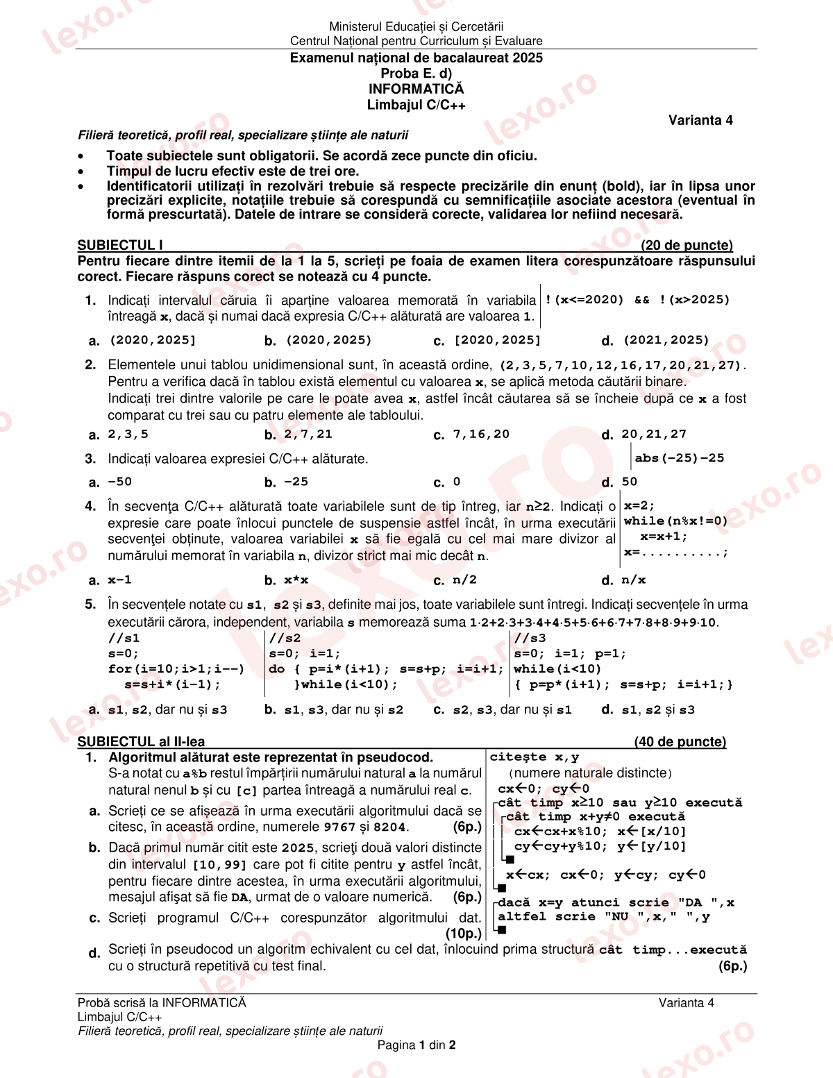 Subiecte Bacalaureat 2025 – Informatică — specializarea științe ale naturii – sesiunea august–septembrie (subiect + barem)