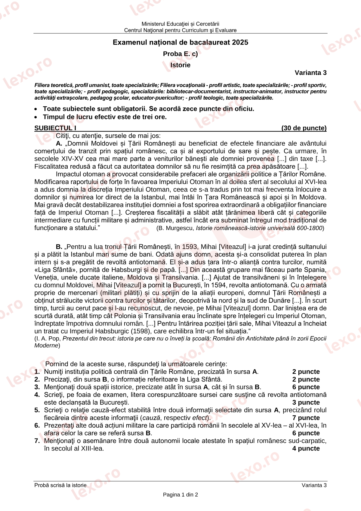 Subiecte Bacalaureat 2025 – Istorie – sesiunea specială (subiect + barem)