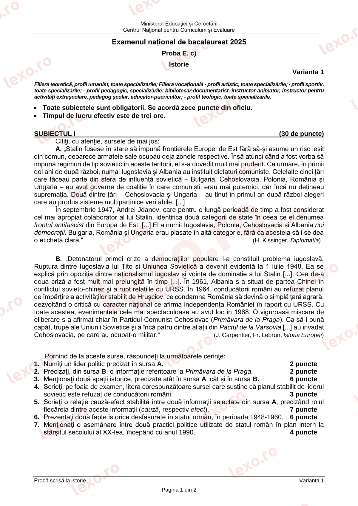 Subiecte Bacalaureat 2025 – Istorie – sesiunea iunie–iulie (subiect + barem)