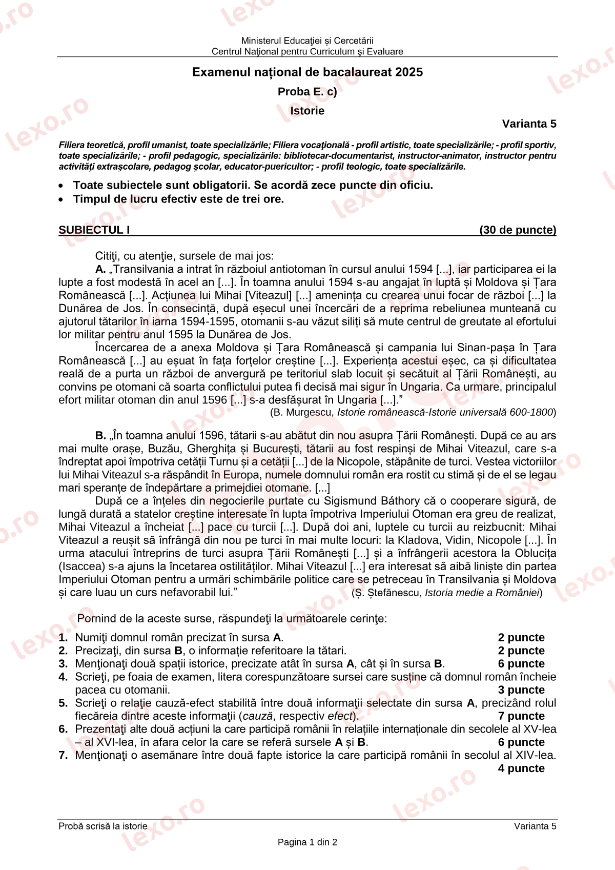 Subiecte Bacalaureat 2025 – Istorie – sesiunea iunie–iulie, rezervă (subiect + barem)