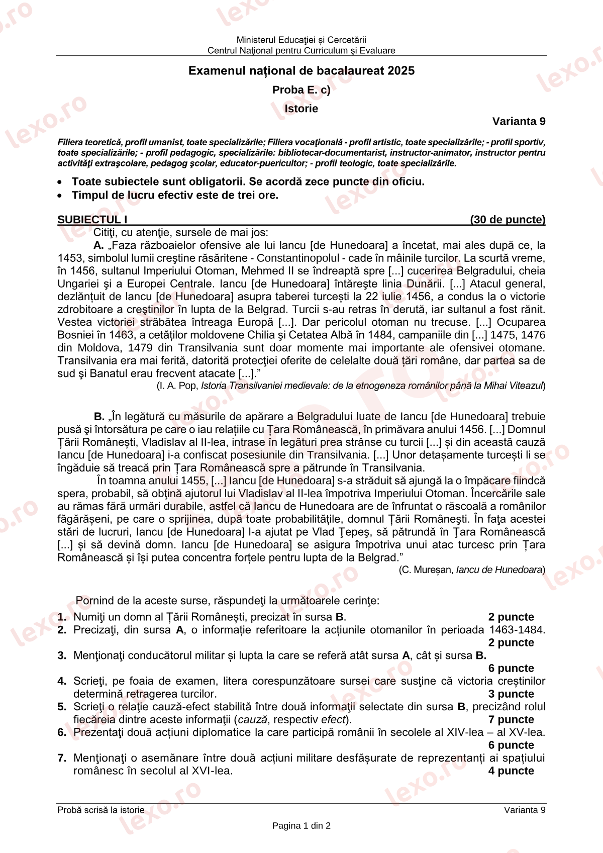 Subiecte Bacalaureat 2025 – Istorie – sesiunea august–septembrie (subiect + barem)