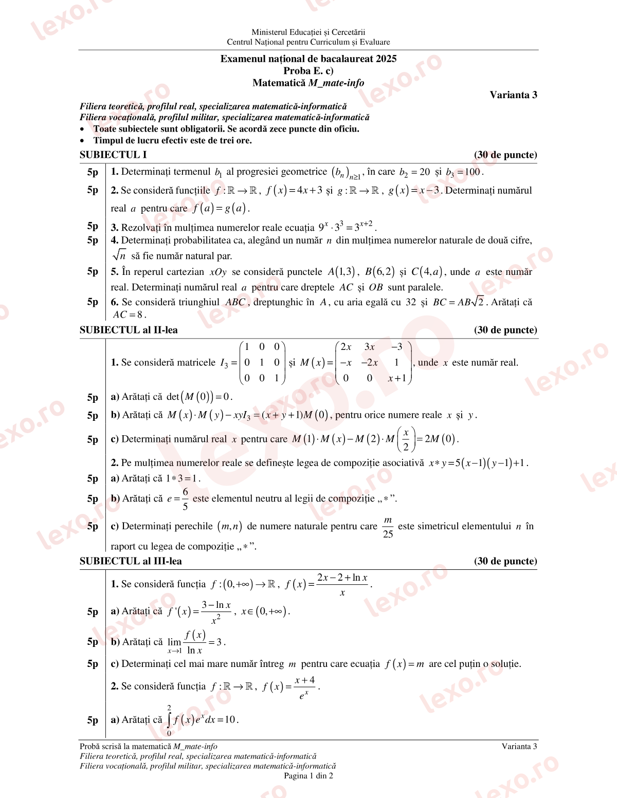 Subiecte Bacalaureat 2025 – Matematică M_mate-info – sesiunea specială (subiect + barem)