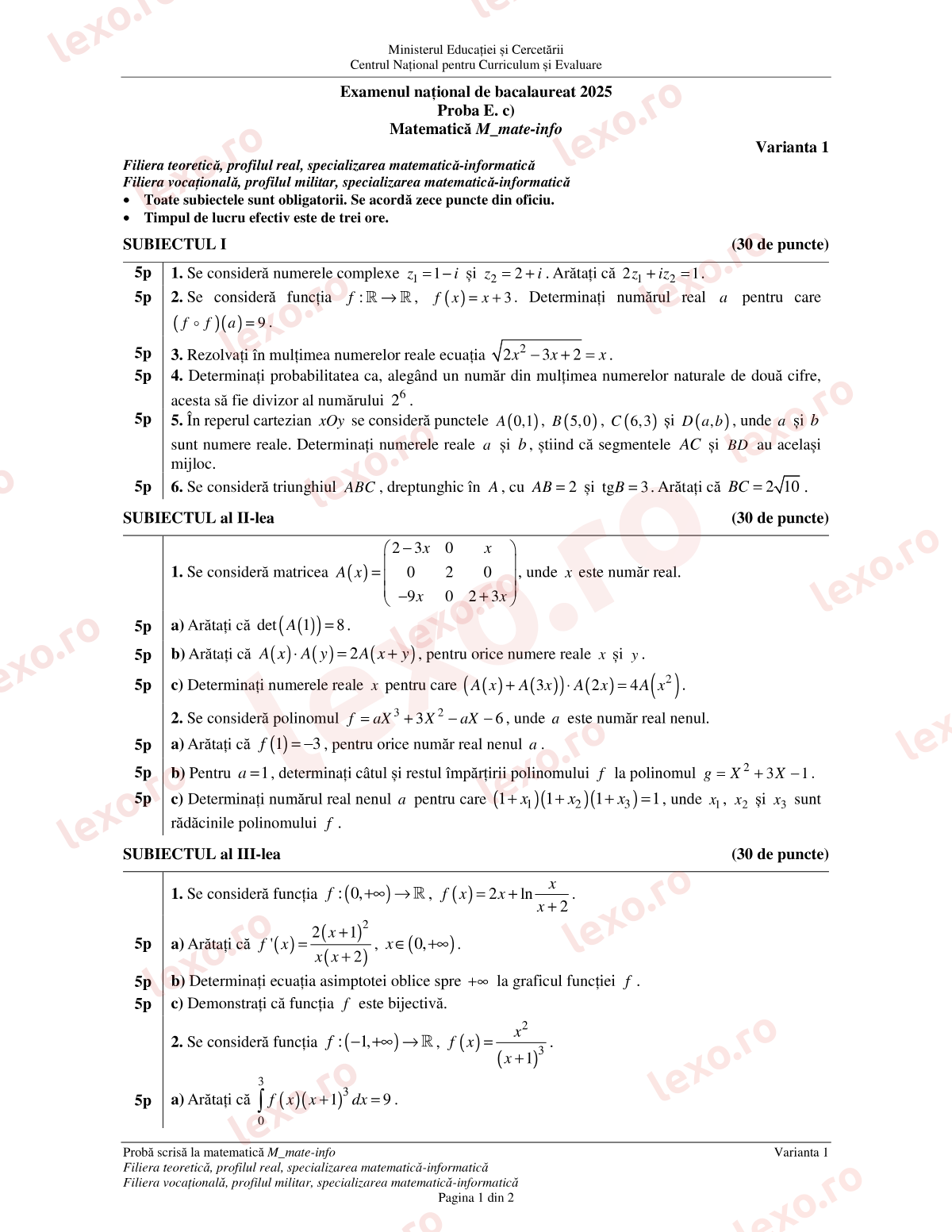 Subiecte Bacalaureat 2025 – Matematică M_mate-info – sesiunea iunie–iulie (subiect + barem)