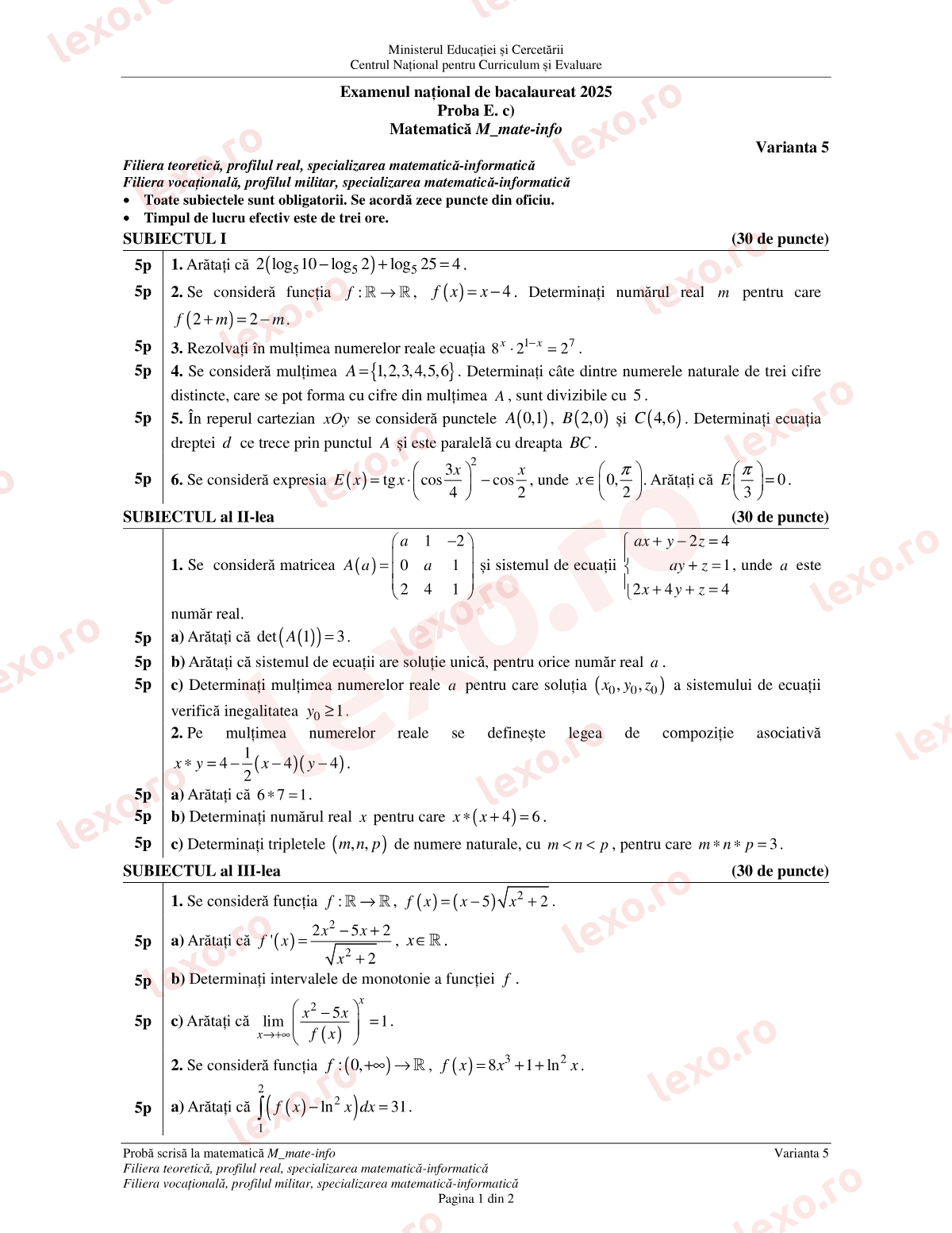 Subiecte Bacalaureat 2025 – Matematică M_mate-info – sesiunea iunie–iulie, rezervă (subiect + barem)