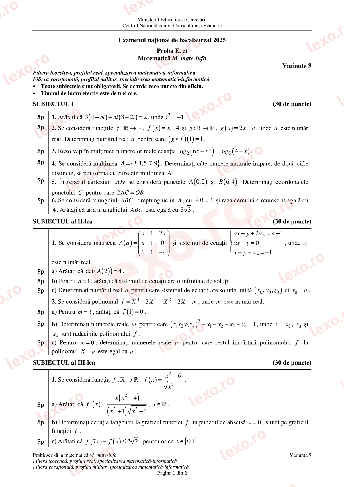 Subiecte Bacalaureat 2025 – Matematică M_mate-info – sesiunea august–septembrie (subiect + barem)