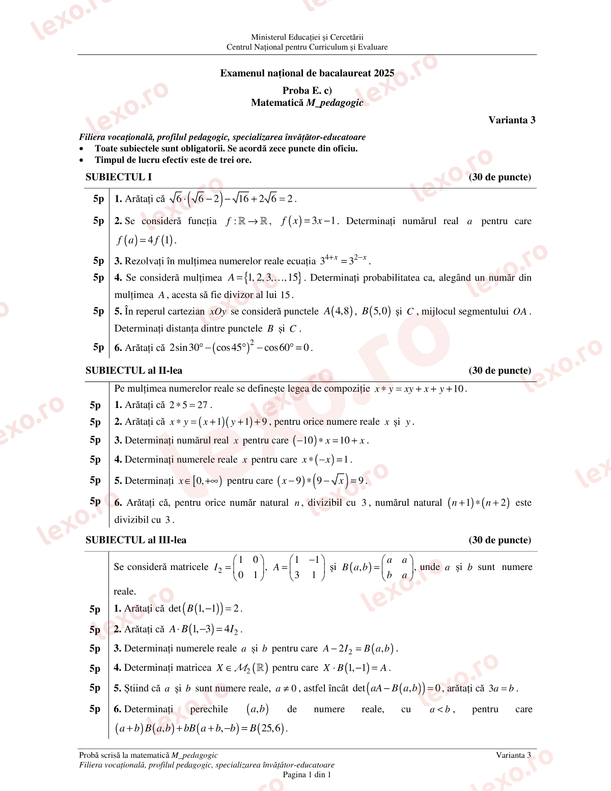 Subiecte Bacalaureat 2025 – Matematică M_pedagogic – sesiunea specială (subiect + barem)