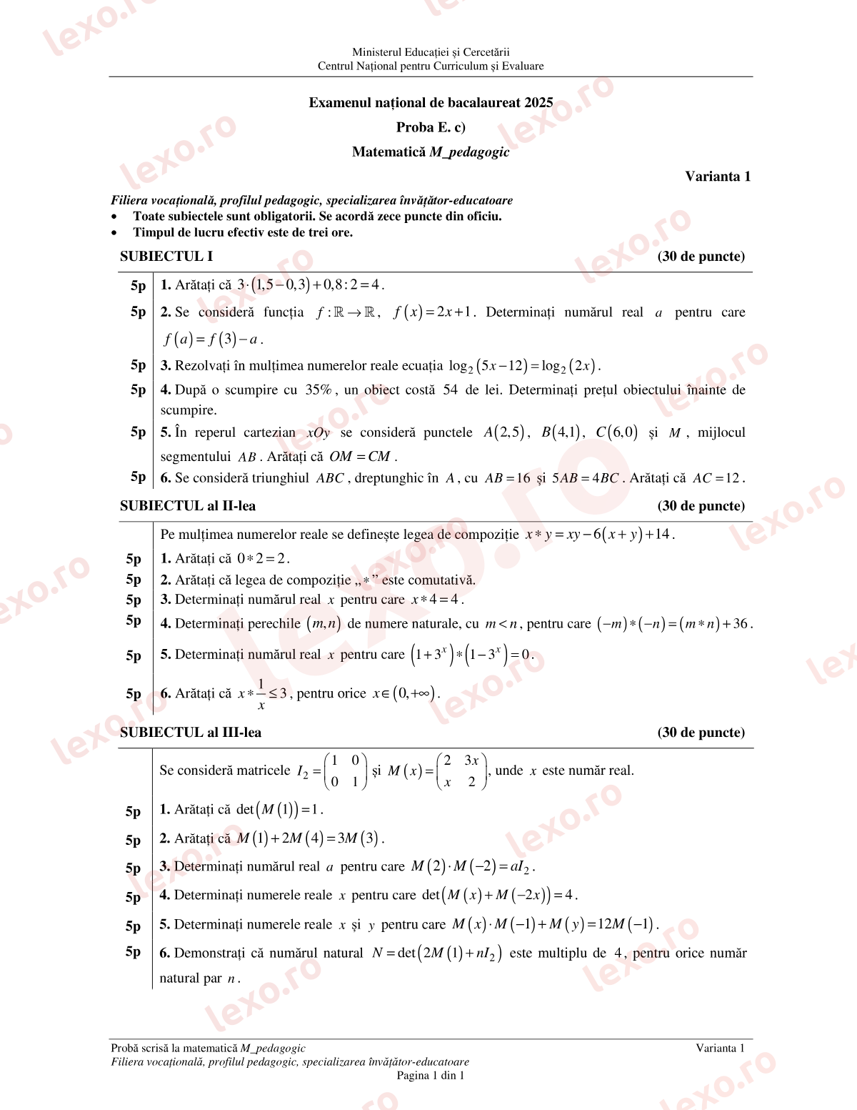 Subiecte Bacalaureat 2025 – Matematică M_pedagogic – sesiunea iunie–iulie (subiect + barem)