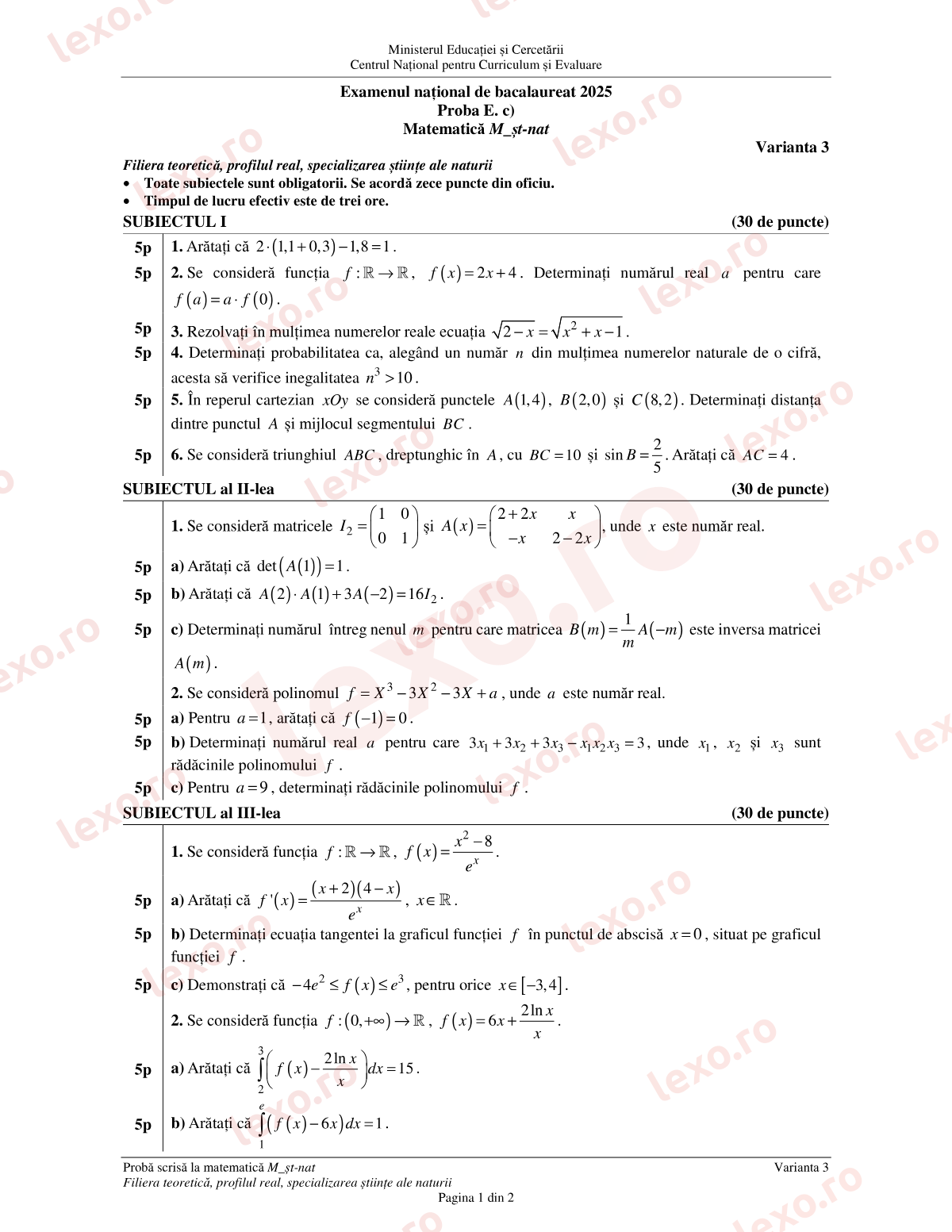 Subiecte Bacalaureat 2025 – Matematică M_științele-naturii – sesiunea specială (subiect + barem)