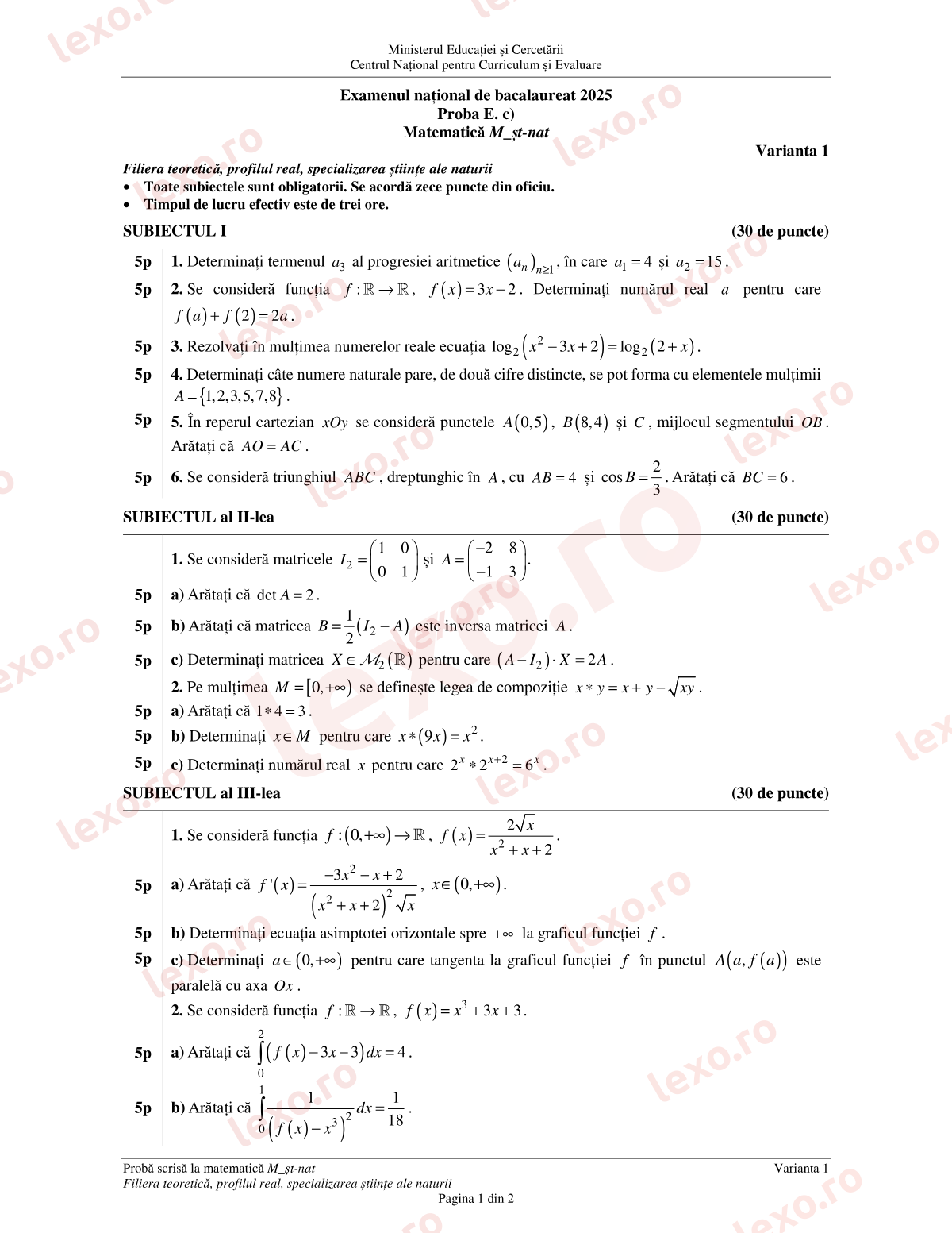 Subiecte Bacalaureat 2025 – Matematică M_științele-naturii – sesiunea iunie–iulie (subiect + barem)