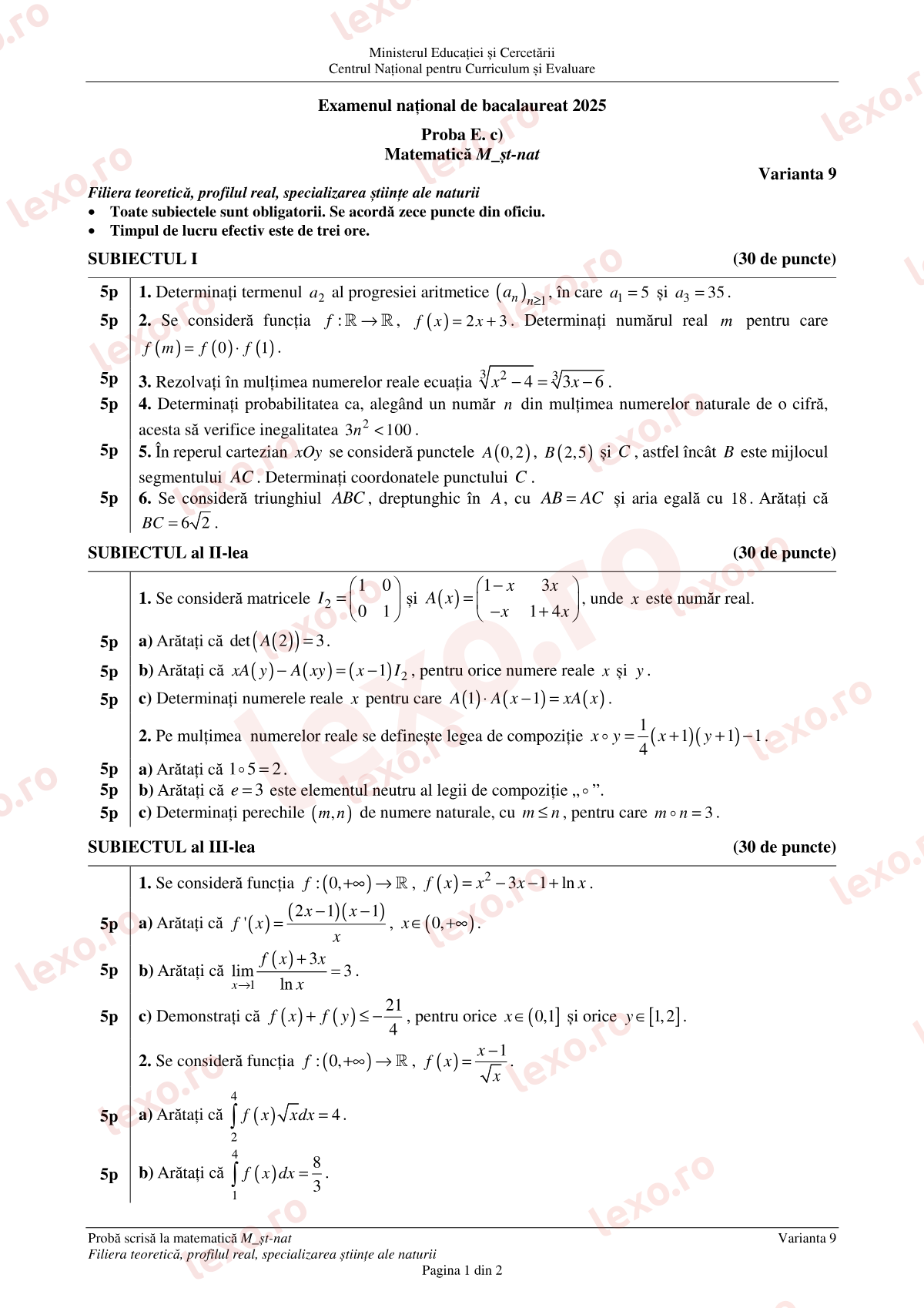 Subiecte Bacalaureat 2025 – Matematică M_științele-naturii – sesiunea august–septembrie (subiect + barem)
