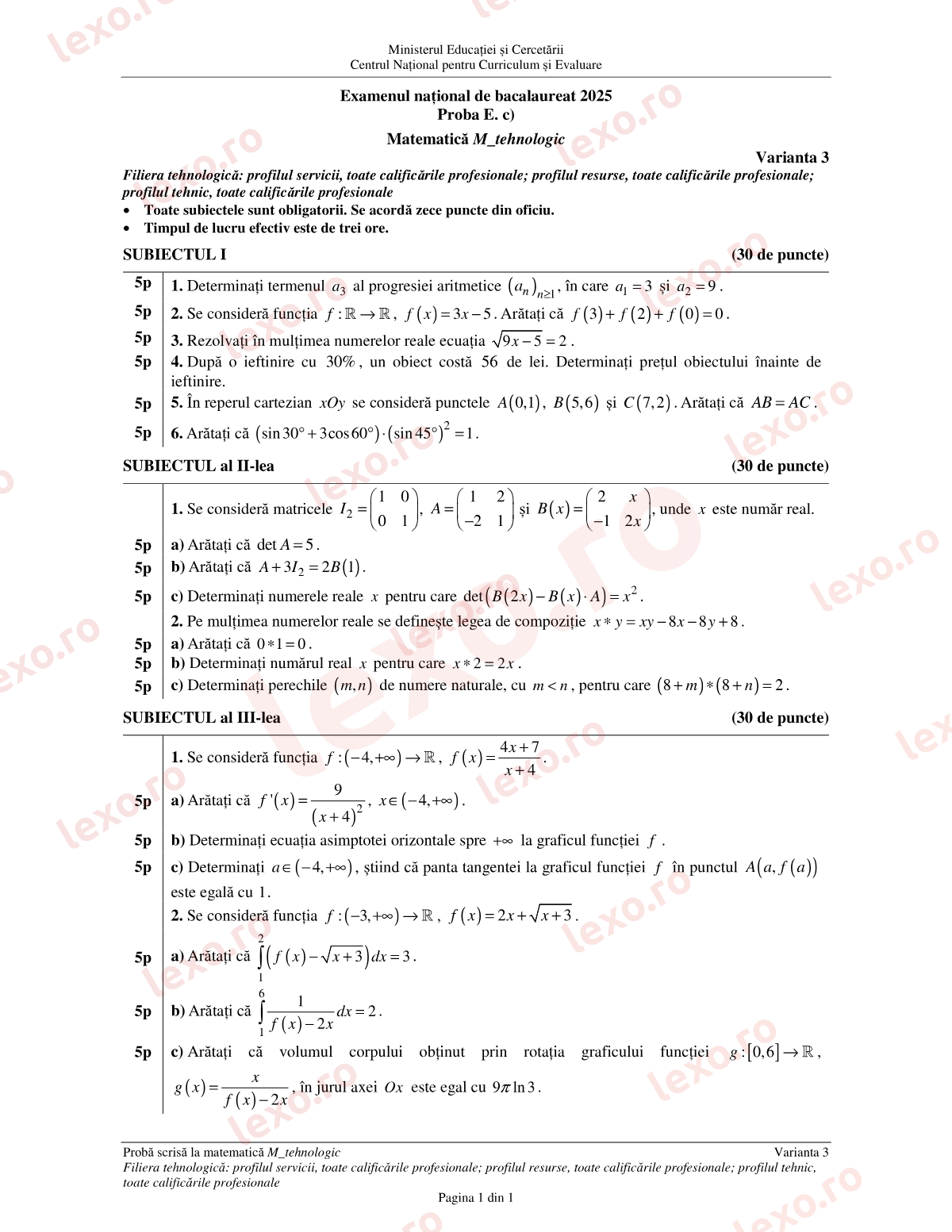 Subiecte Bacalaureat 2025 – Matematică M_tehnologic – sesiunea specială (subiect + barem)