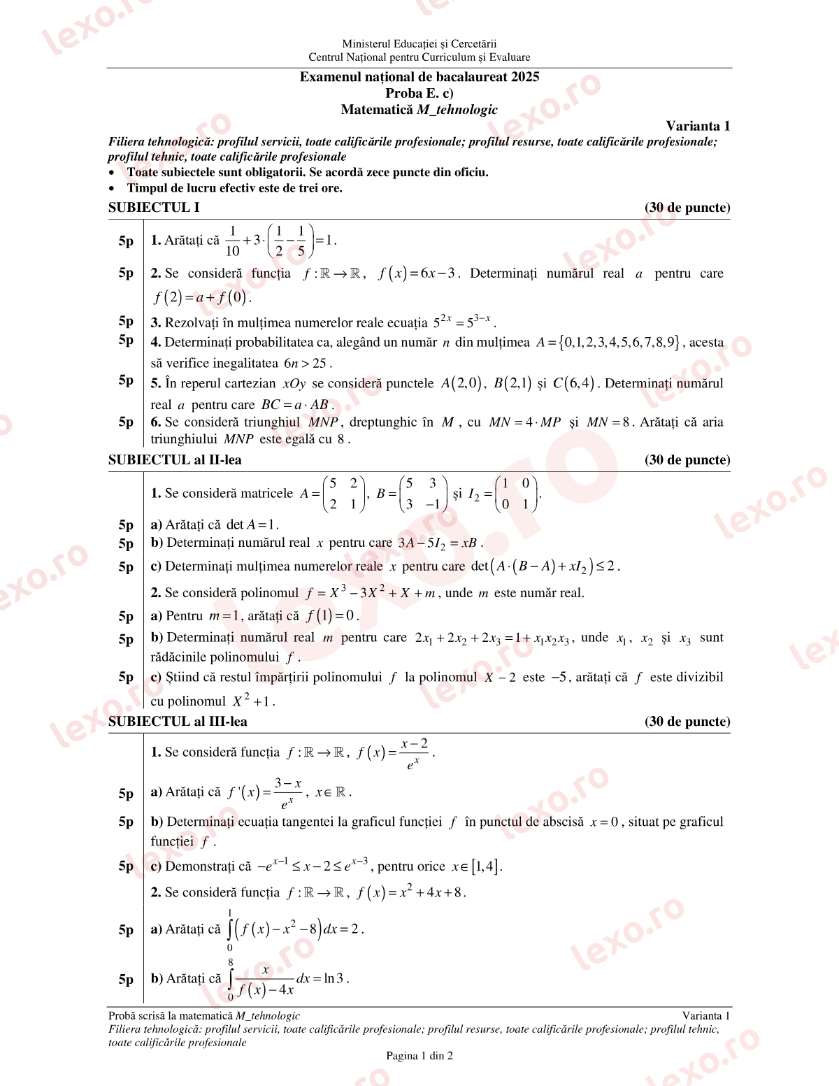 Subiecte Bacalaureat 2025 – Matematică M_tehnologic – sesiunea iunie–iulie (subiect + barem)