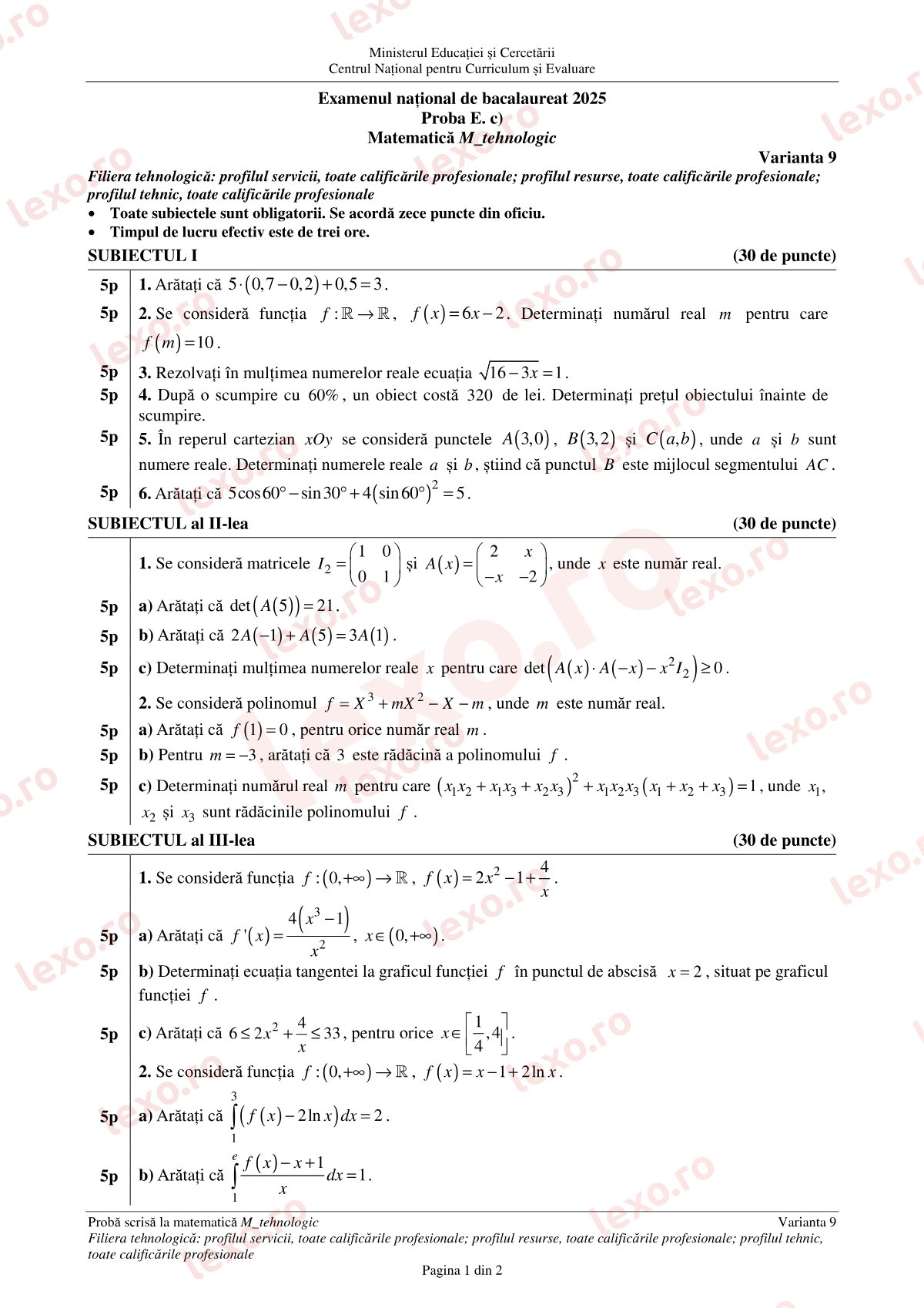 Subiecte Bacalaureat 2025 – Matematică M_tehnologic – sesiunea august–septembrie (subiect + barem)