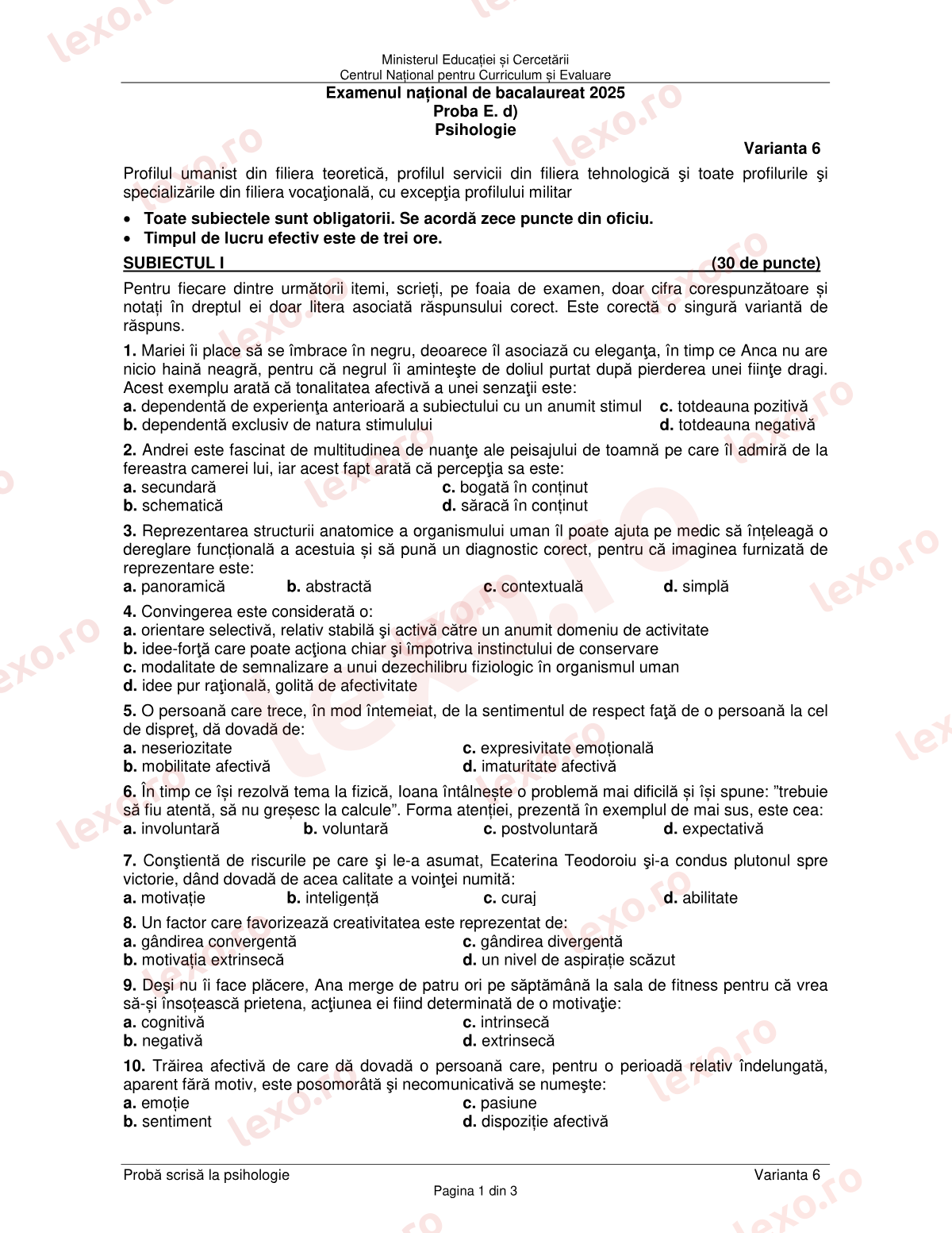 Subiecte Bacalaureat 2025 – Psihologie – sesiunea specială (subiect + barem)