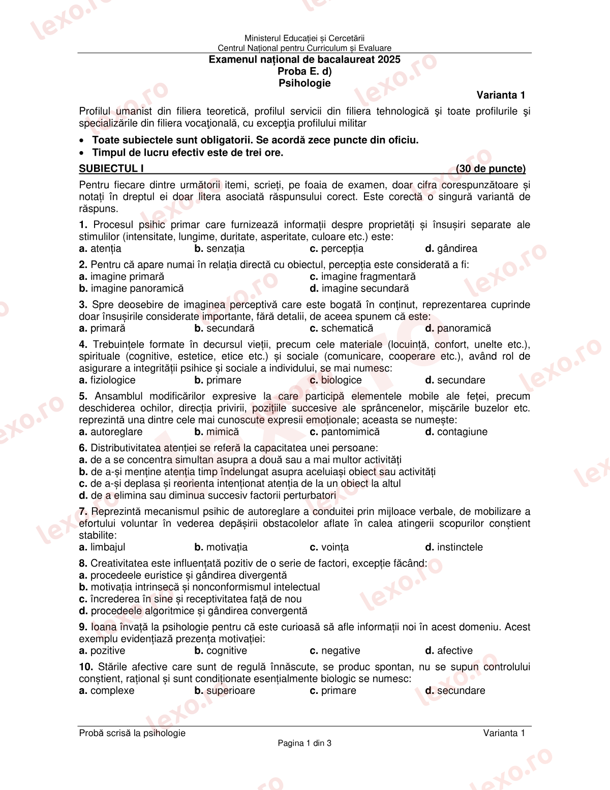 Subiecte Bacalaureat 2025 – Psihologie – sesiunea iunie–iulie (subiect + barem)