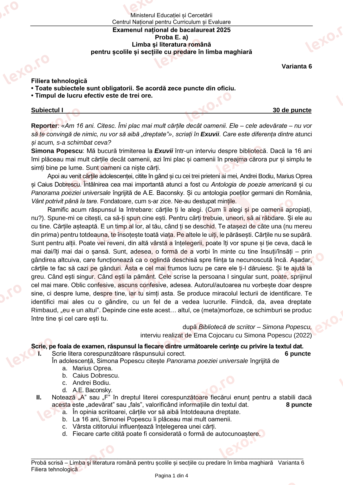 Subiecte Bacalaureat 2025 – Limba română pentru minoritatea maghiară — profil tehnologic – sesiunea specială (subiect + barem)