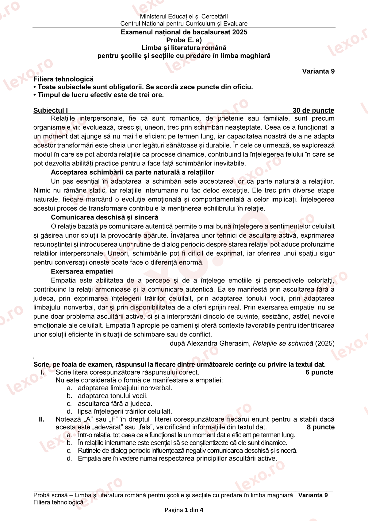 Subiecte Bacalaureat 2025 – Limba română pentru minoritatea maghiară — profil tehnologic – sesiunea august–septembrie (subiect + barem)