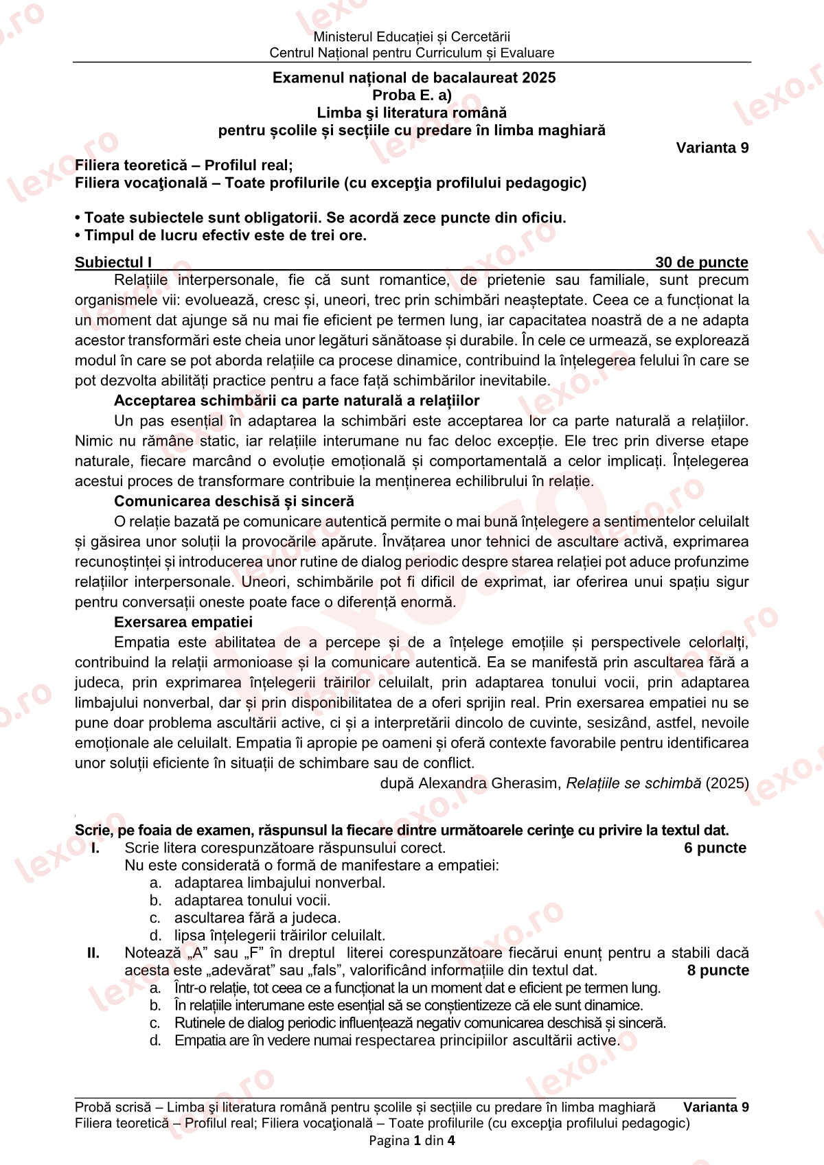 Subiecte Bacalaureat 2025 – Limba română pentru minoritatea maghiară — profil teoretic real – sesiunea august–septembrie (subiect + barem)